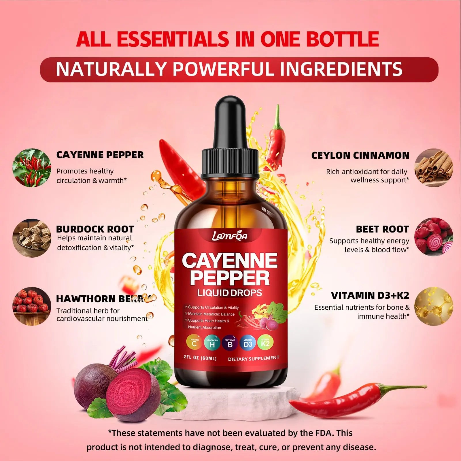 Cayenne Pepper Liquid Drops - Potent Blend with Hawthorn Berry, Turmeric Curcumin, Vitamin D3 K2, Beet Root & Panax Ginseng - Vegan, Non-GMO, High Absorbed Gentle Formula - 2 OZ LAMFQA Au supplements