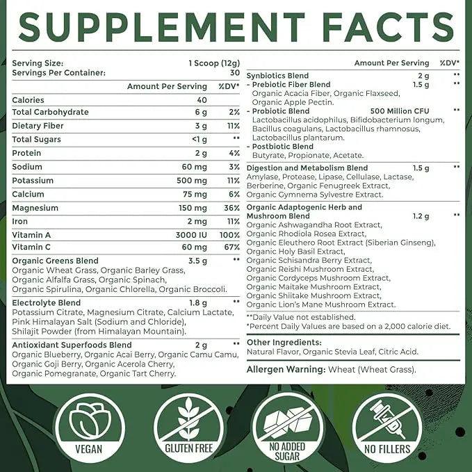 Super Greens Powder Superfood + Electrolytes & Tonic Herbs | Organic Greens, Shilajit, Adaptogens, Antioxidants, Preobiotic & Probiotic & Postbiotic| for Energy, Gut & Immune| Unflavored - 30 Servings Sundhedsliv Au supplements