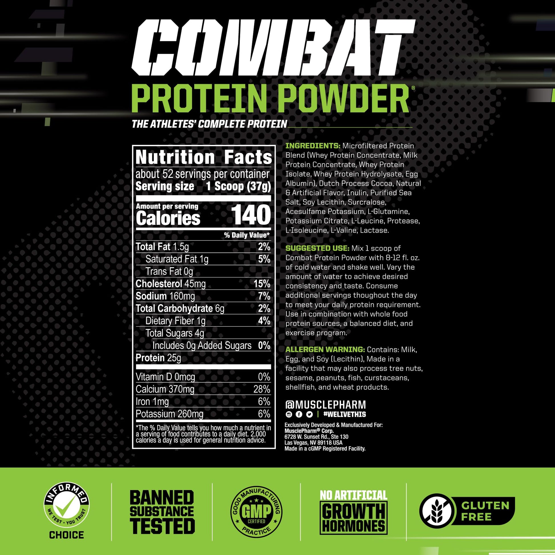MusclePharm Combat Protein Powder, Chocolate Milk - 4 lb - Gluten Free - 52 Servings Muscle Pharm Au supplements