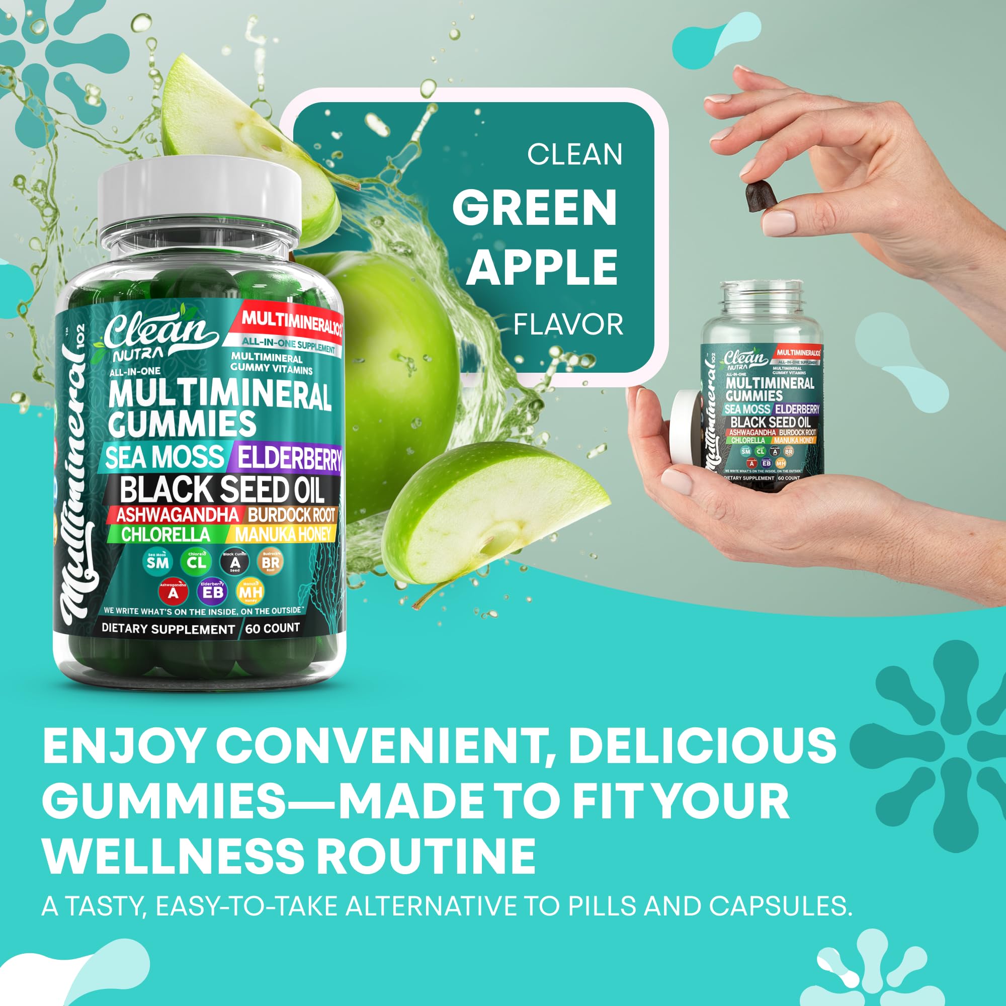 Sea Moss Gummies | Clinically Tested - Black Seed Oil Ashwagandha Elderberry Burdock Root Chlorella Manuka Honey - Vegan Irish Sea Moss Gummy Vitamins for Adults Kids Men Women - Green Apple Flavor Clean Nutraceuticals Au supplements