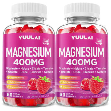 Pack of 2 Magnesium Complex Gummies 400mg, Magnesium Glycinate, Malate, Citrate, Taurate, Oxide & More | w/Ashwagandha Extract, D3 & B12 for Calm, Zzz, Relaxation, Raspberry Flavor, 120 Count YUULAI Au supplements