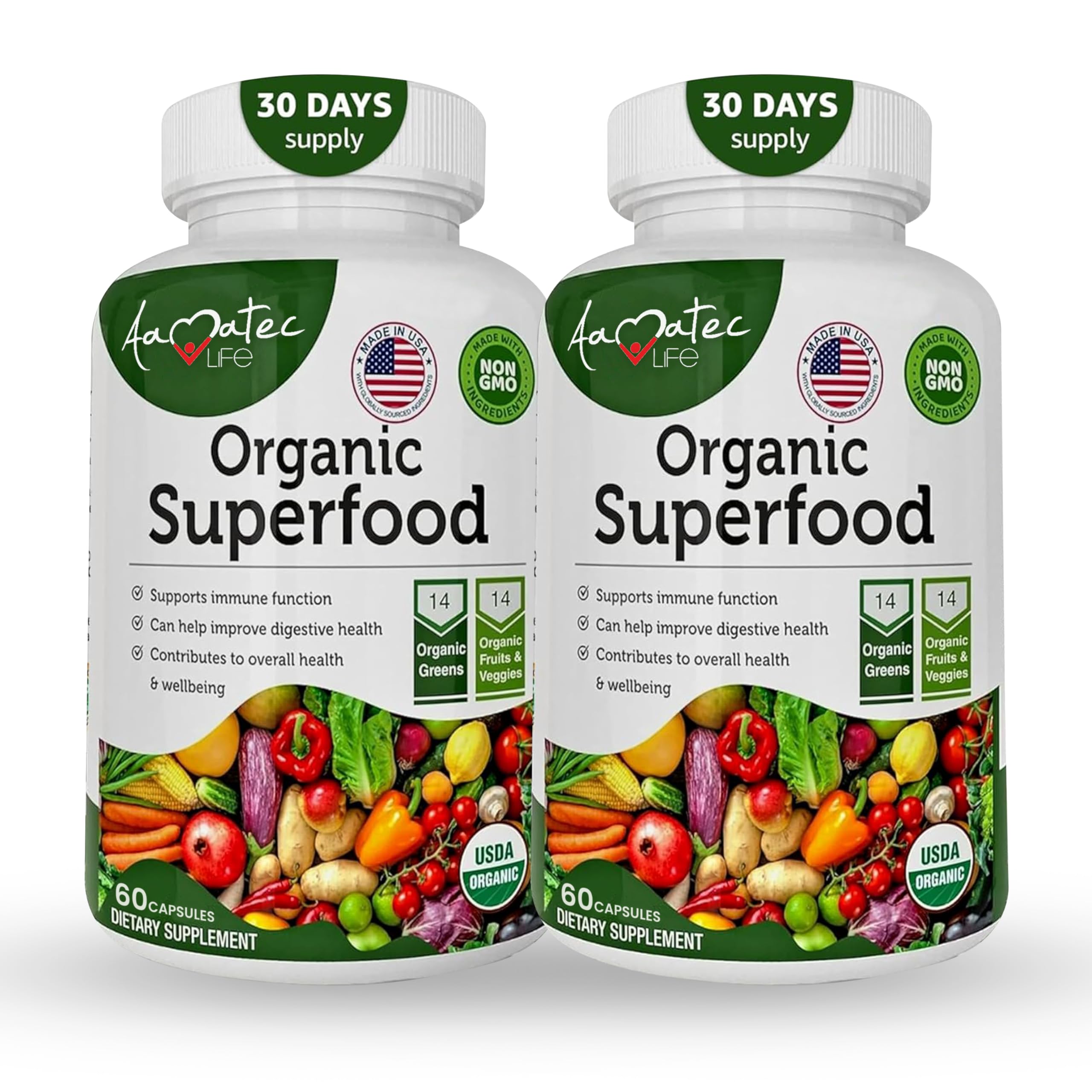 AAMATEC LIFE Organic Superfood Greens Fruits and Veggies Complex - Dietary Supplement with 14 Greens &14 Vegetables with Alfalfa Rich in Antioxidants Organic Ingredients Non-GMO (120 Count Pack of 2) AAMATEC LIFE Au supplements