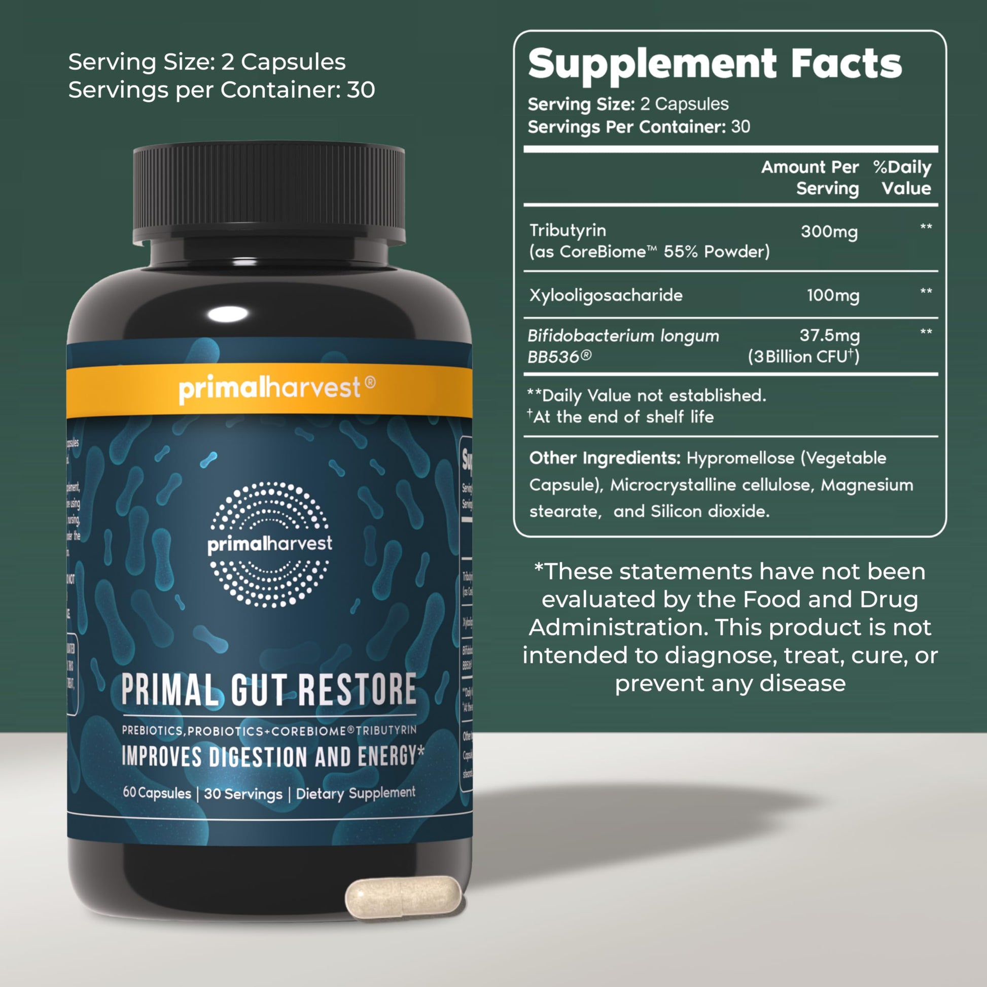 Primal Harvest Restore for Gut Health, Primal Gut Restore w/POSTbiotics, PREbiotics and PRObiotics for Women and Men, 60 CT - Digestion, Colon Cleanse, Immunity Support - Helps Leaky Gut Repair Primal Harvest Au supplements