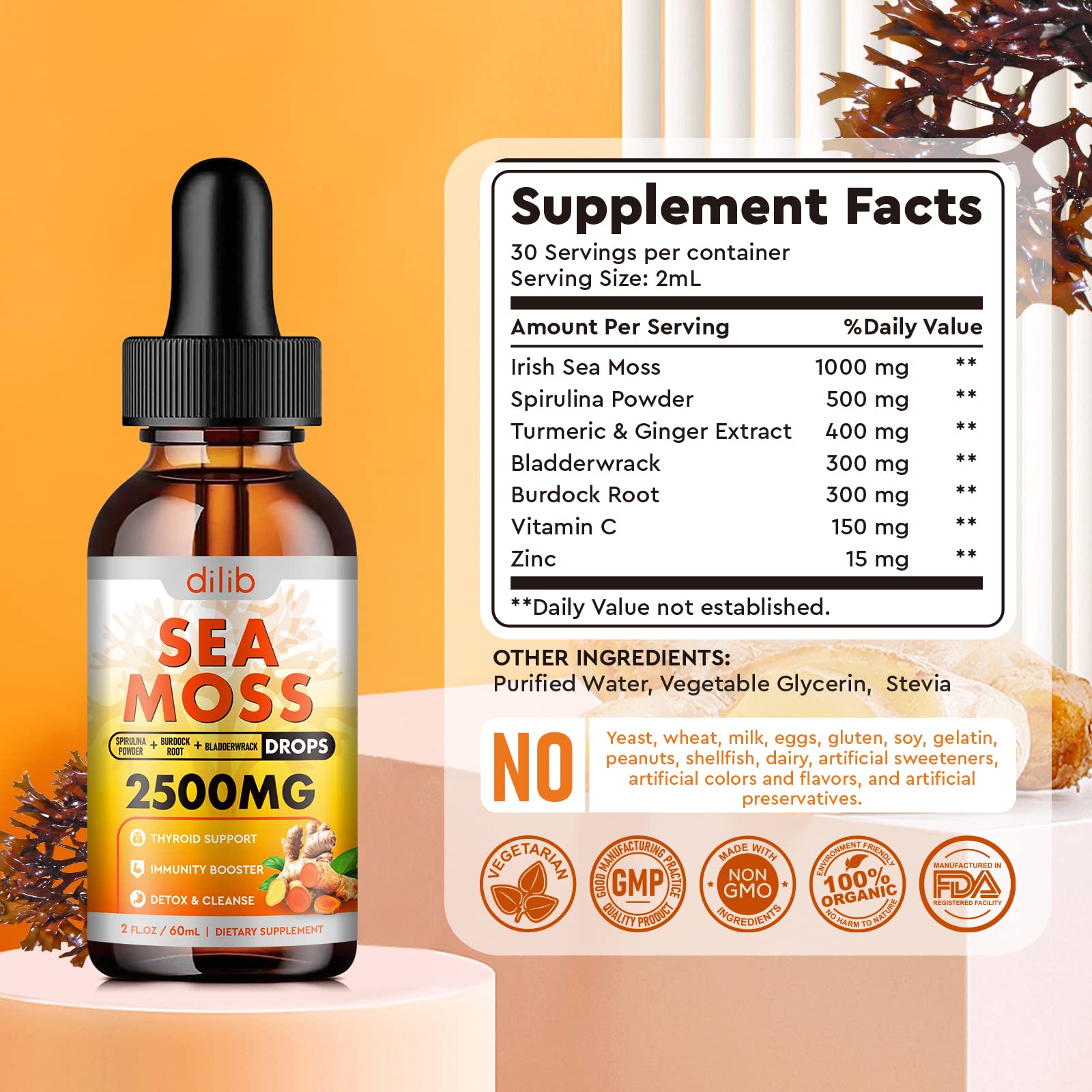 Sea Moss Liquid Drops: Organic Irish Sea Moss 2500mg with Turmeric, Bladderwrack dilib Au supplements