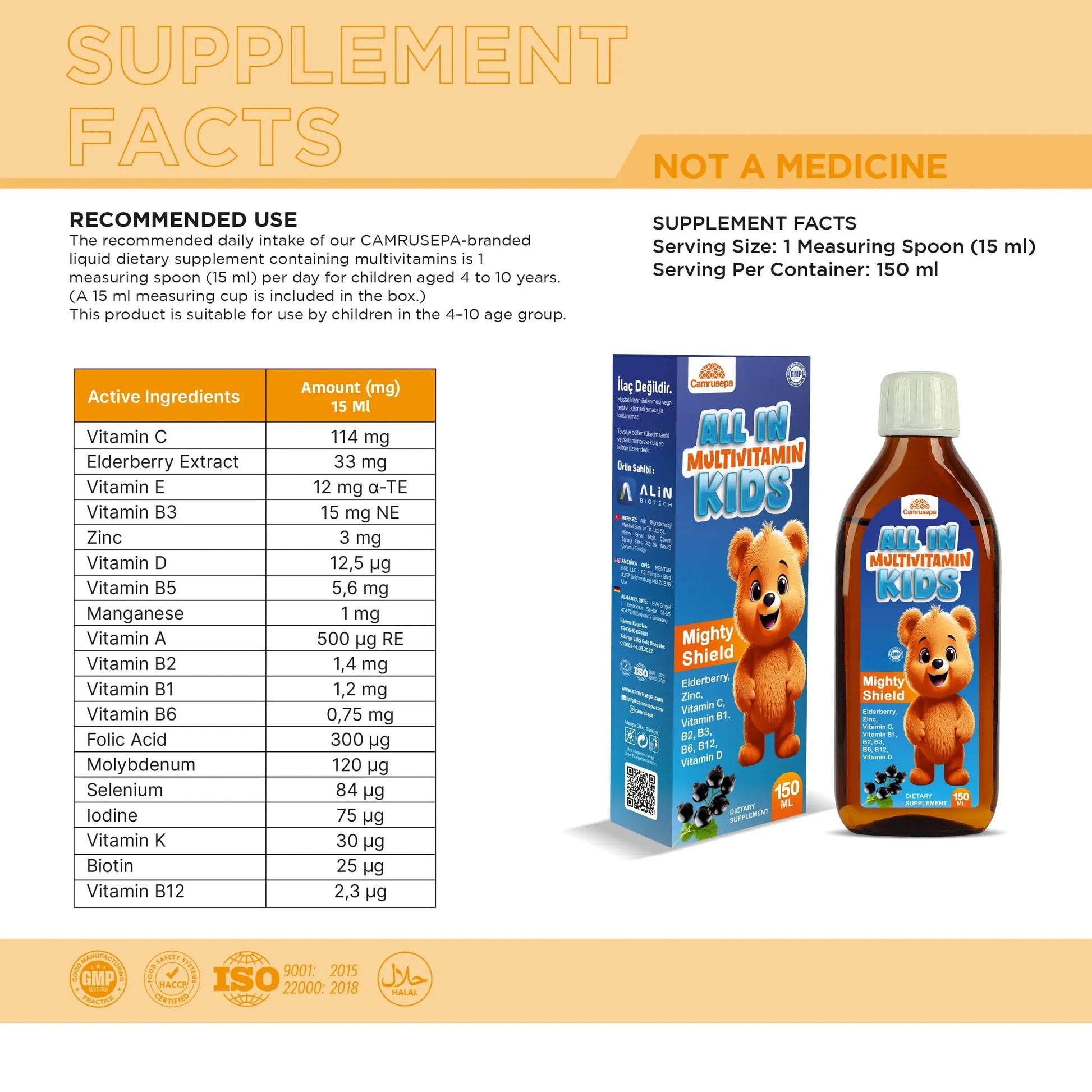 CAMRUSEPA All in Multivitamin Kids Syrup – Black Elderberry Flavored, Inositol, Zinc, Vitamin C, Daily Liquid Multivitamin Camrusepa Au supplements