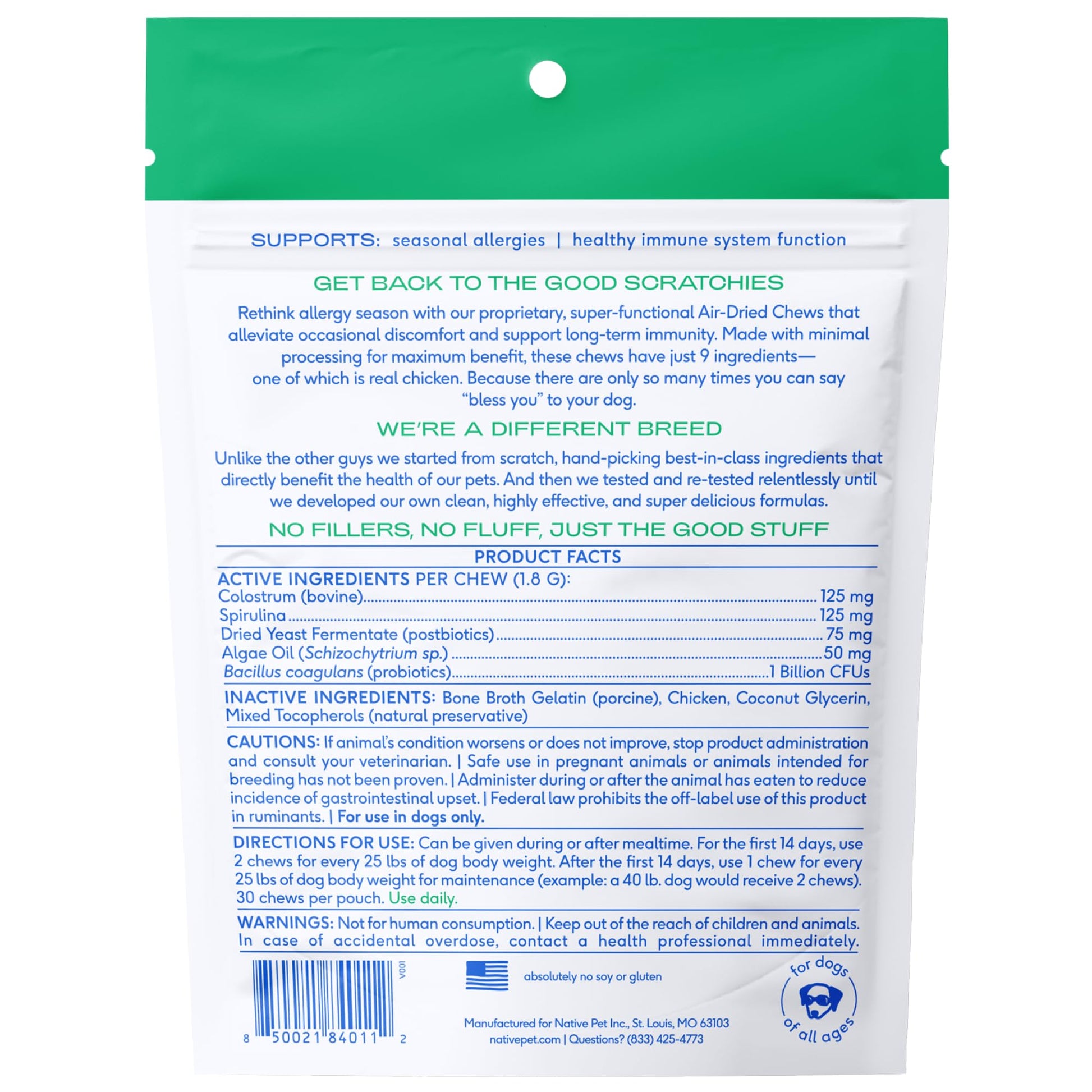 Native Pet Dog Allergy Chews - Dog Allergy Relief for Medium Breeds - Supports Seasonal Itch Relief, Healthy Immune Function & Reduces Sneezing - Colostrum, Spirulina, & Probiotics - 30 Days Supply Native Pet Au supplements