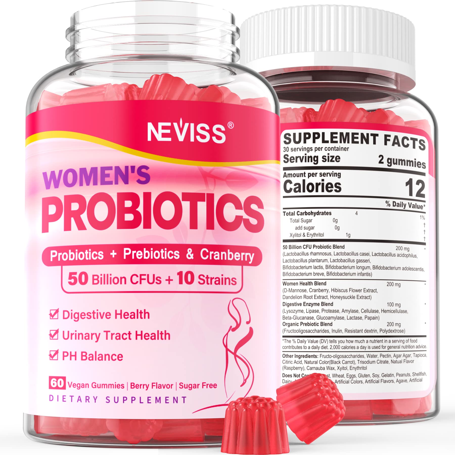 Probiotics for Women Gummies, Sugar Free Vaginal Probiotics 50 Billion CFU 10 Strains w/ Cranberry NEVISS Au supplements