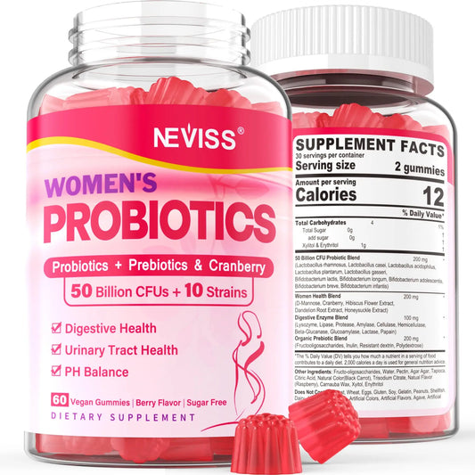Probiotics for Women Gummies, Sugar Free Vaginal Probiotics 50 Billion CFU 10 Strains w/ Cranberry NEVISSAU supplements