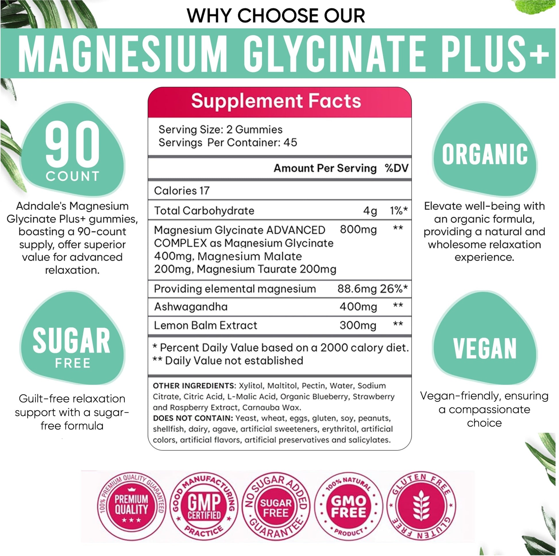 Adndale 90 CT Magnesium Glycinate 400 mg Gummies with Ashwagandha, Magnesium Malate & Taurate, Sugar Free Magnesium Gummies for Adults & Kids. Adndale Au supplements