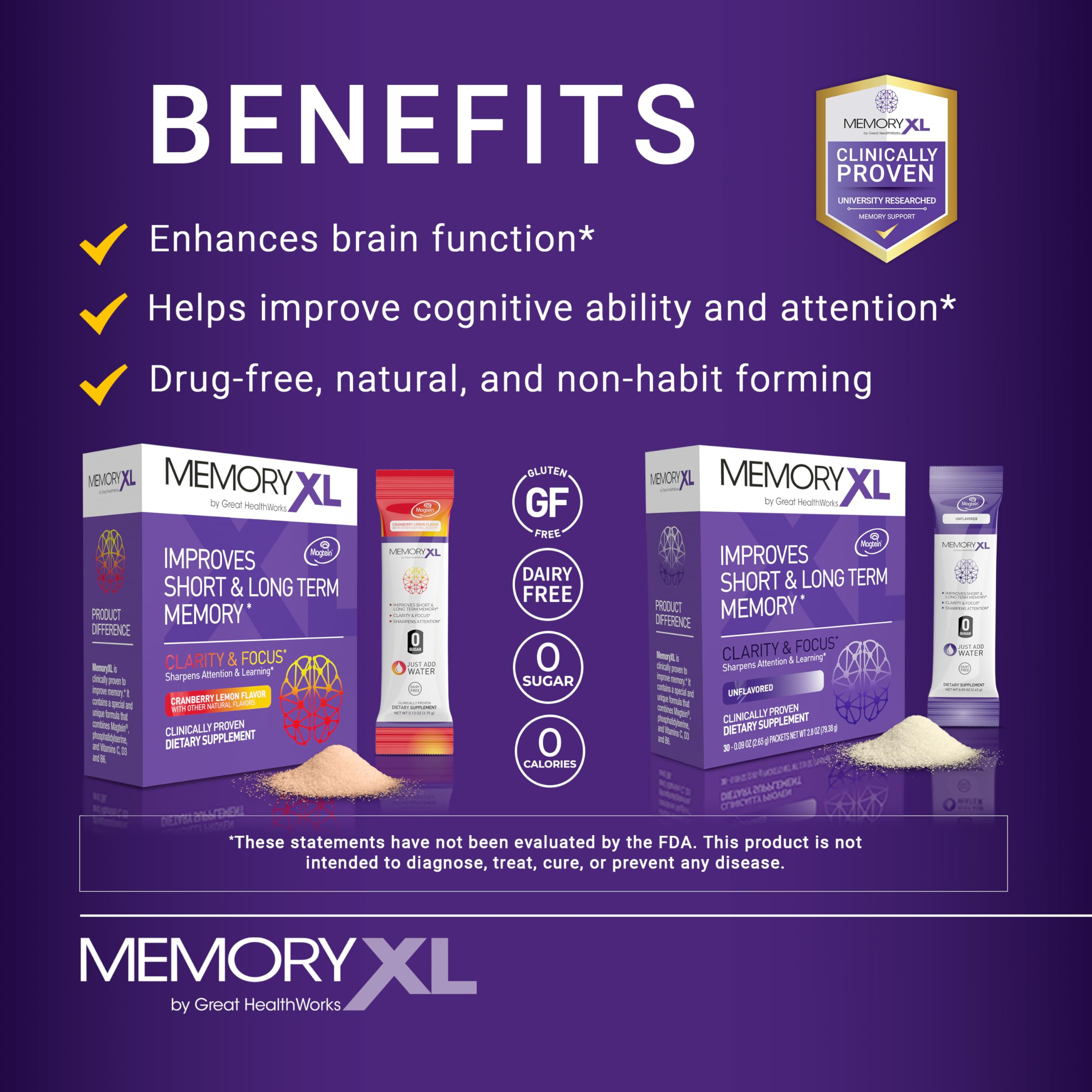 MemoryXL, Magnesium L-Threonate: Brain Supplement for Memory & Focus; Magtein®, Phosphatidylserine, Vitamin Mix. Improves Memory Focus Attention Learning & Logic. 0 Sugar, 0 cal, 30pk Cranberry Lemon OmegaXL Au supplements