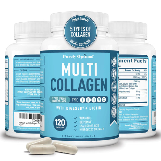 Premium Multi Collagen Peptides (Types I, II, II, V, X) - Collagen Pills for Skin Care, Hair Growth, Nails & Joints - Vitamin C, Hyaluronic Acid Purely OptimalAU supplements