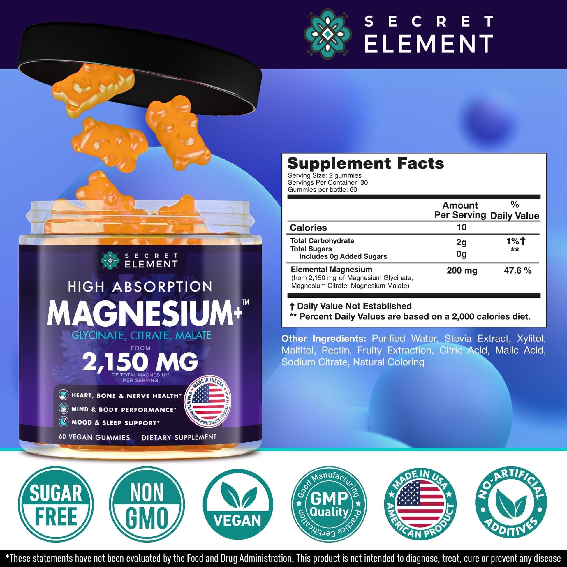 Magnesium Glycinate 2150MG Gummies for Women and Men, High Absorption Magnesium Glycinate, Citrate, Malate, Sugar Free, Vegan, 60 Chews, Pack of 2, Orange Secret Element Au supplements