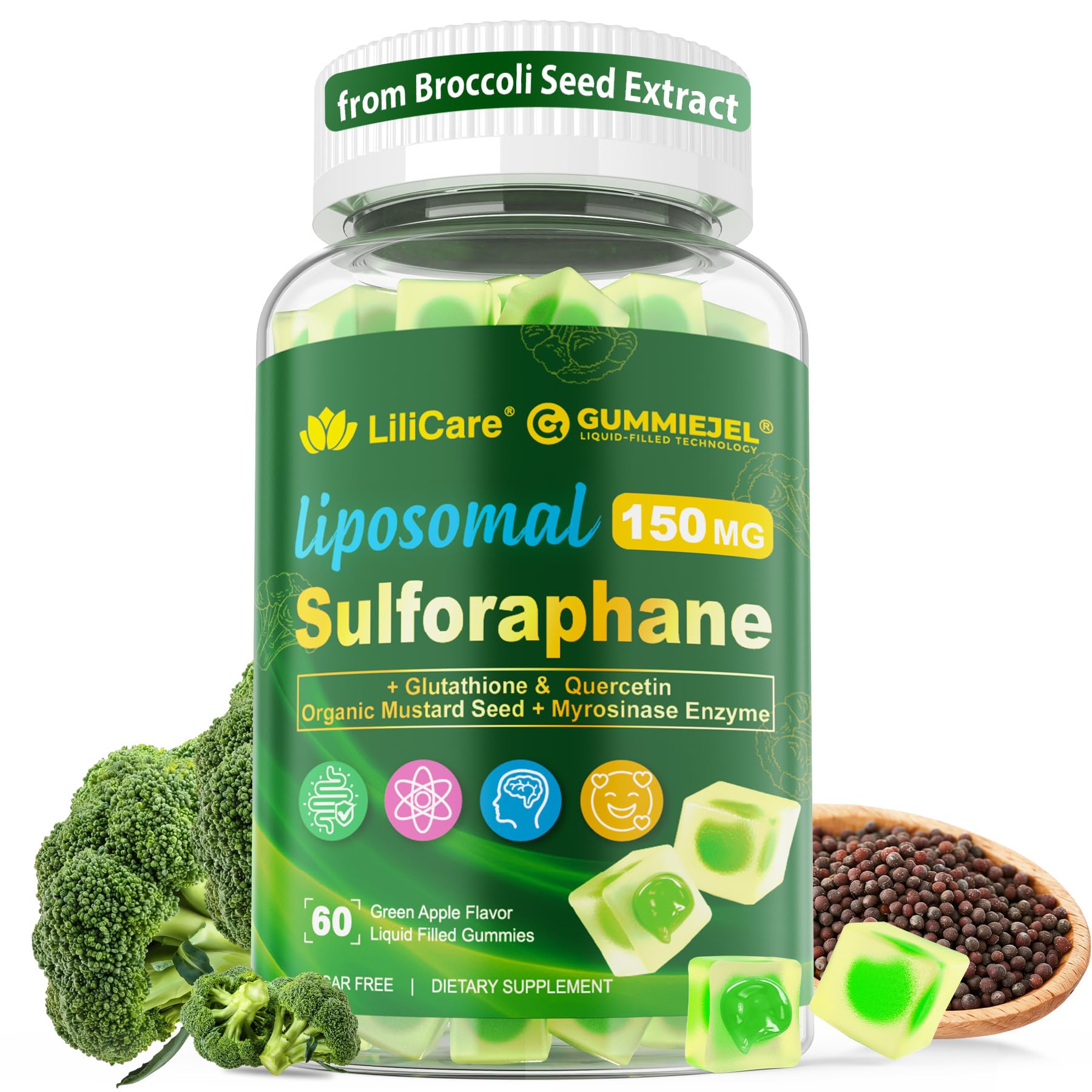 Liposomal Sulforaphane Supplement 150mg, from Broccoli Seed Extract w/Myrosinase, Quercetin, Glutathione, Sulforaphane Supplement Gummies for Antioxidants Detox Cellular Brain Health, Chewable 60Cts LILICARE Au supplements