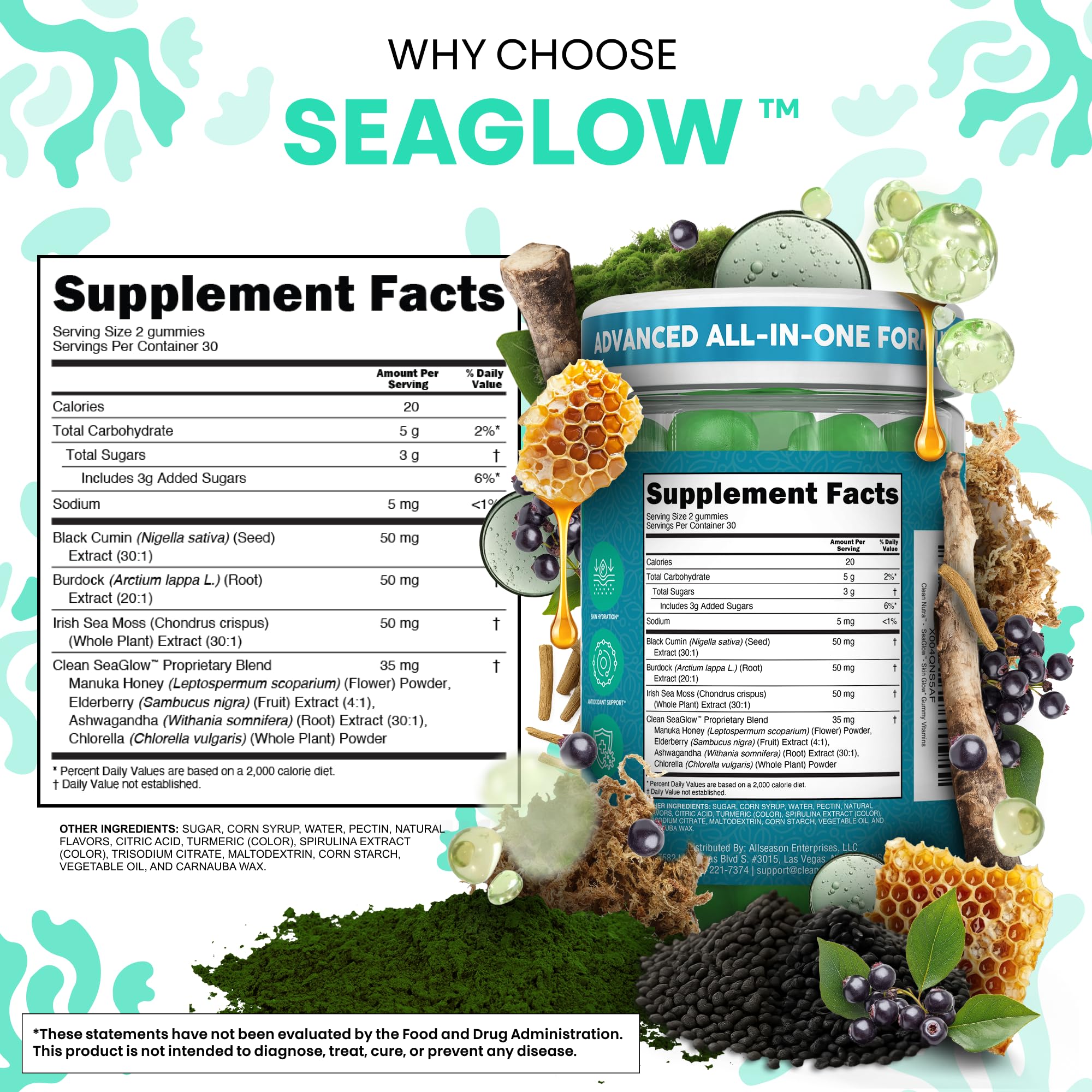 Clean Nutra Sea Moss Gummies Black Seed Oil Chlorella Ashwagandha Root Hair Growth Skin Glow Irish Sea Moss Elderberry Burdock Manuka Honey Trace Minerals Detox 60 Gummy Vitamins Sea Glow Supplement Clean Nutraceuticals Au supplements
