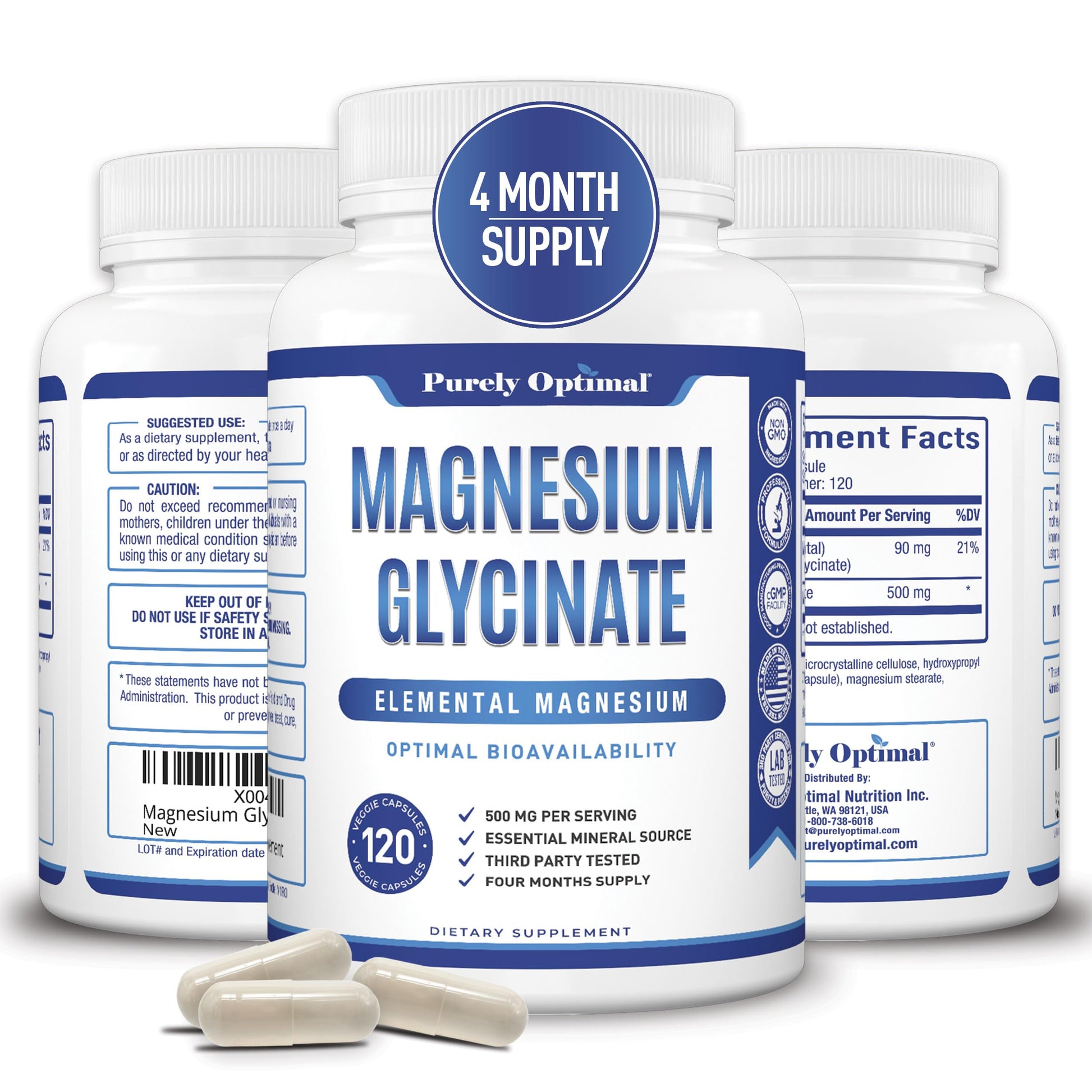 Purely Optimal Magnesium Glycinate 500mg – Sleep Support & Stress Relief – Gentle, High Absorption Magnesium Supplement for Muscle Relaxation, Calm & Nerve Support – 120 Capsules Purely Optimal Au supplements