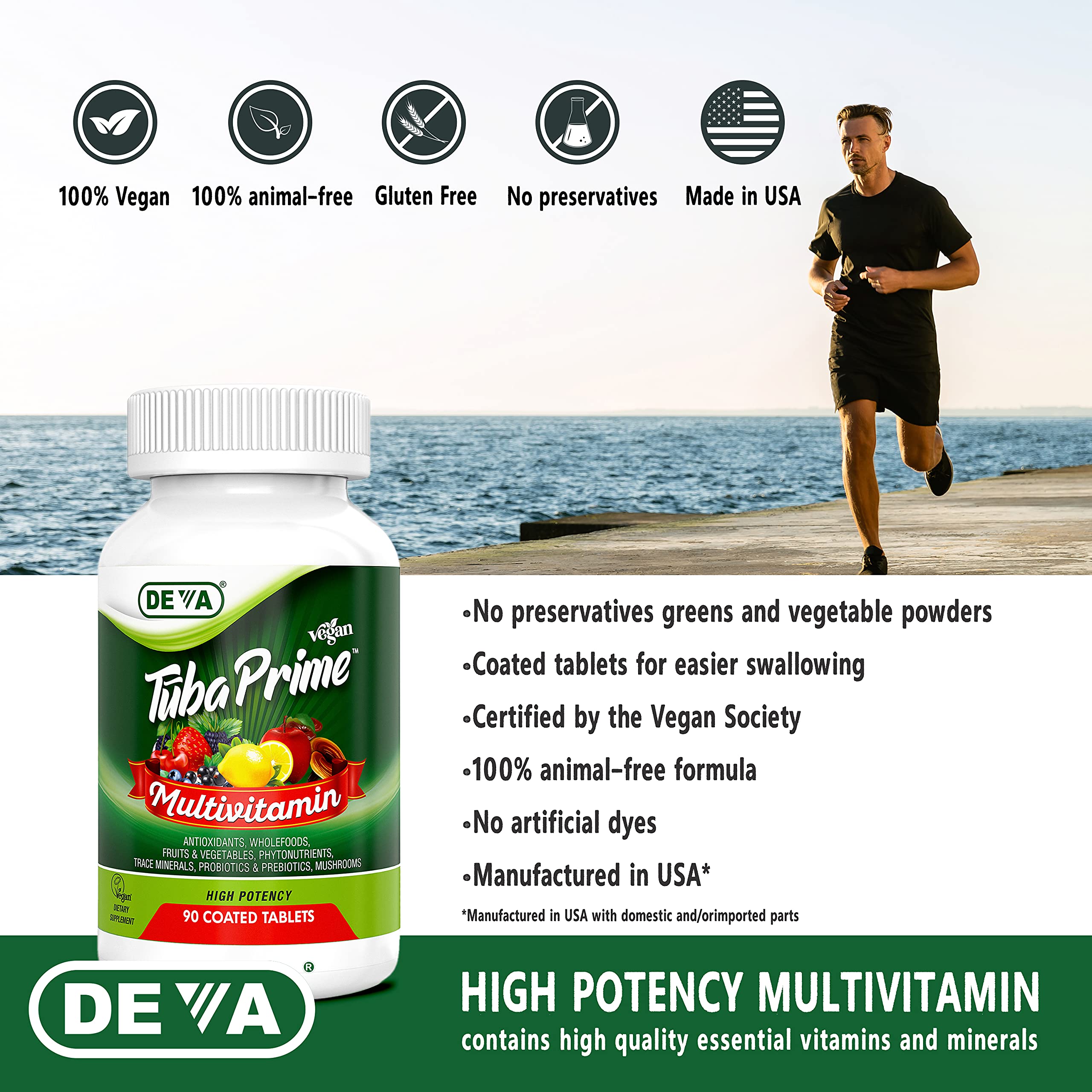DEVA Tuba Prime Vegan Multivitamin - High-Potency Vitamin and Mineral Dietary Supplement - Antioxidants, Fruit and Vegetable Blend, Super Mushrooms, Probiotics, Prebiotics, Seeds, Herbs - 90 Tablets DEVA Au supplements