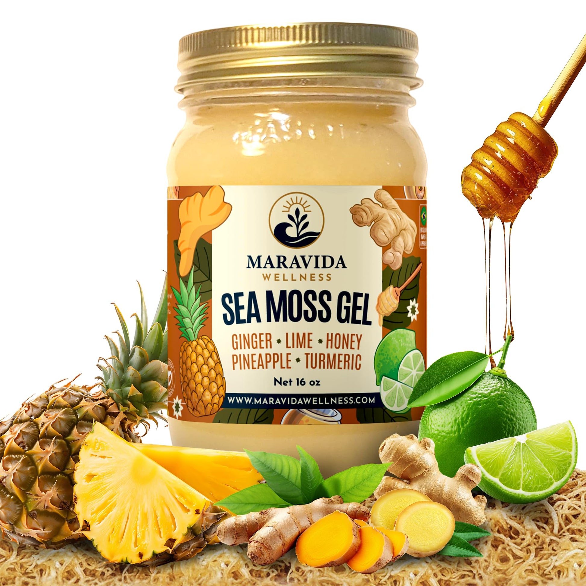 Maravida Wellness Sea Moss Gel – Pineapple, Lime, Honey, Ginger & Turmeric – 100% Natural Raw Organic Irish Moss – 16oz Jar – Premium Superfood for Everyday Wellness Maravida Wellness Au supplements