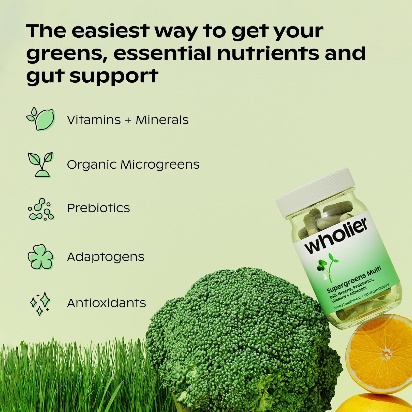 wholier Supergreens Multi, Daily Greens, Vegan Multivitamin for Women + Men, Whole Food Vitamins + Minerals, Prebiotics for Gut Health, Adaptogens (60 Vegan Capsules) Glass Bottle wholier Au supplements