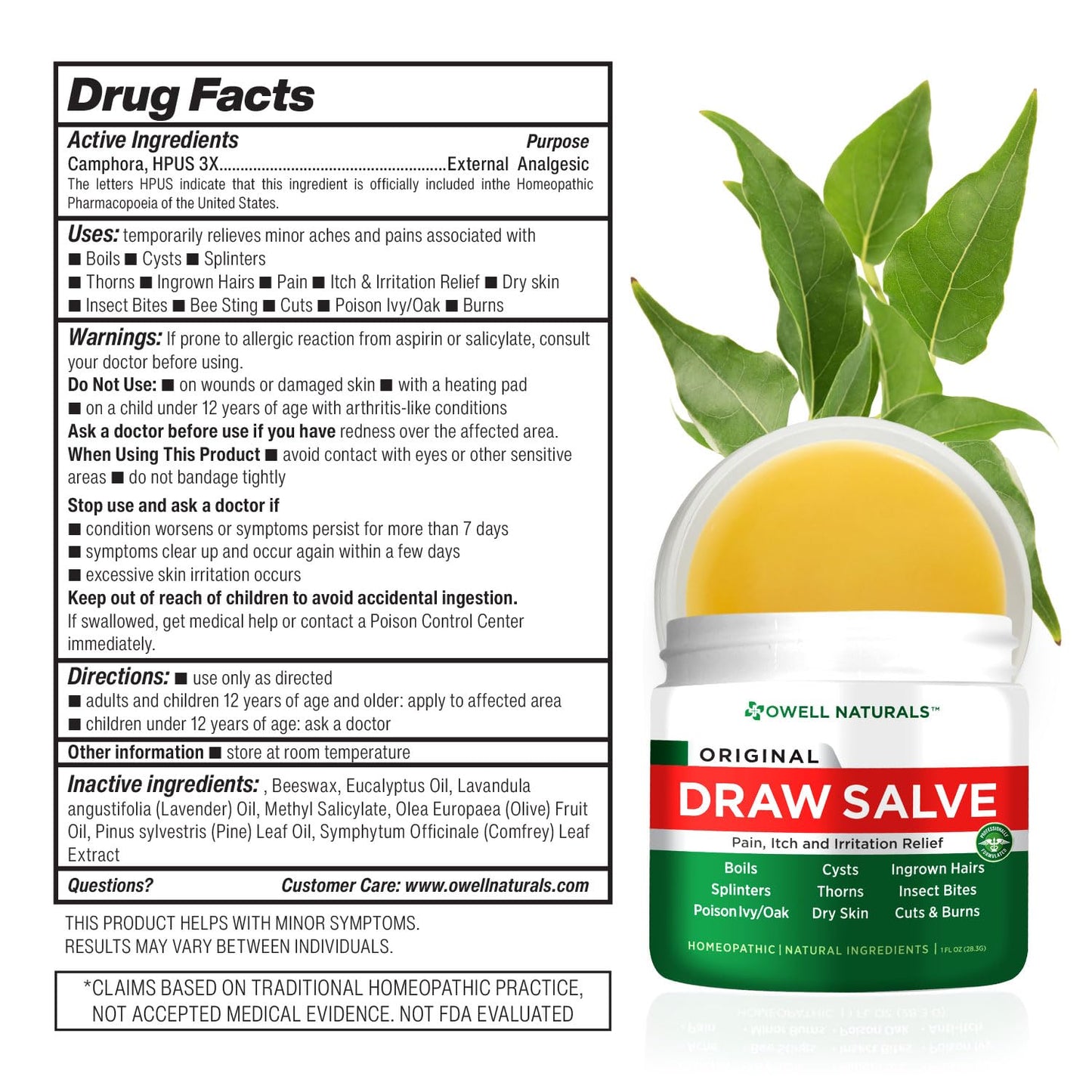 OWELL Naturals Drawing Salve Ointment for Boil & Cyst Removal, Deep Ingrown Hair, Splinter Remover, Bug Spider Bites, Bee Sting, Mosquito Itching, Poison Ivy Owell Naturals buy supplements Au
