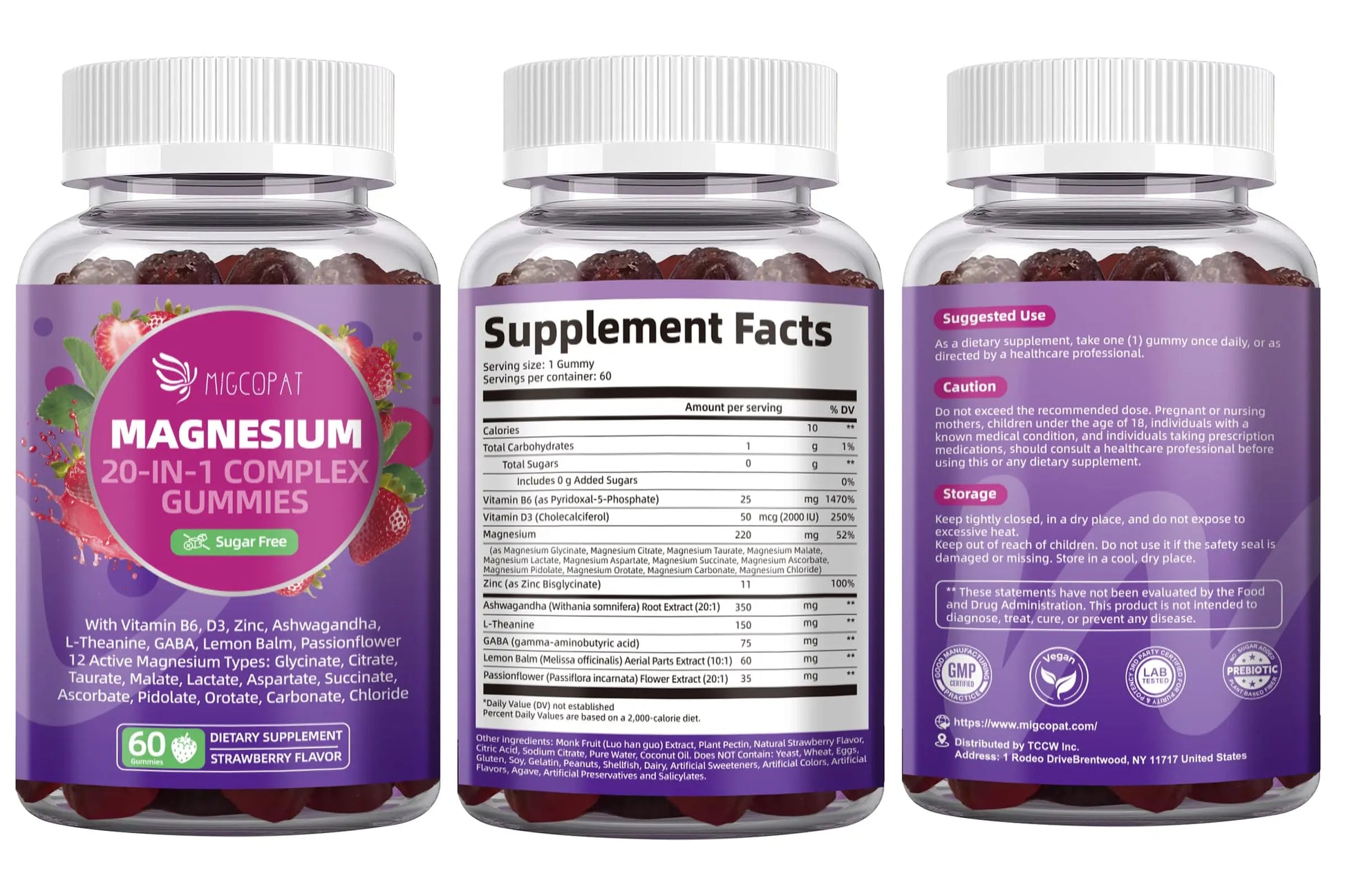 Migcopat Magnesium Complex Gummies, 20 in 1 Magnesium Gummy with Glycinate Citrate Malate Taurate - Ashwagandha, L-Theanine, D3&Zinc for Relaxation, Sleep, Muscle&Heart Support, Strawberry, 60 Cts Migcopat Au supplements