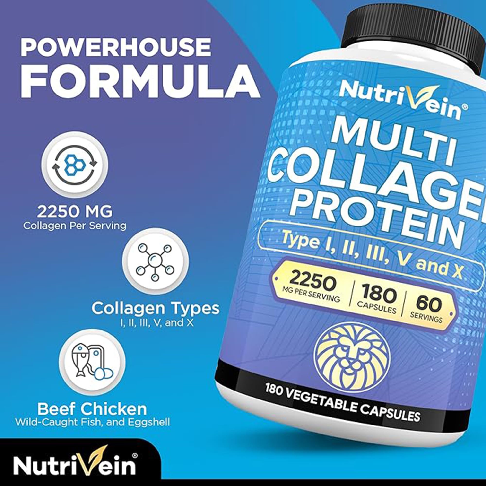 Nutrivein Premium Multi Collagen Pills 2250 mg - 180 Easy-to-Swallow Collagen Capsules: Type I, II, III, V, X Hydrolyzed Protein Peptides for Women and Men - Aging, Joints, Hair, Skin, Bones, & Nails Nutrivein Au supplements