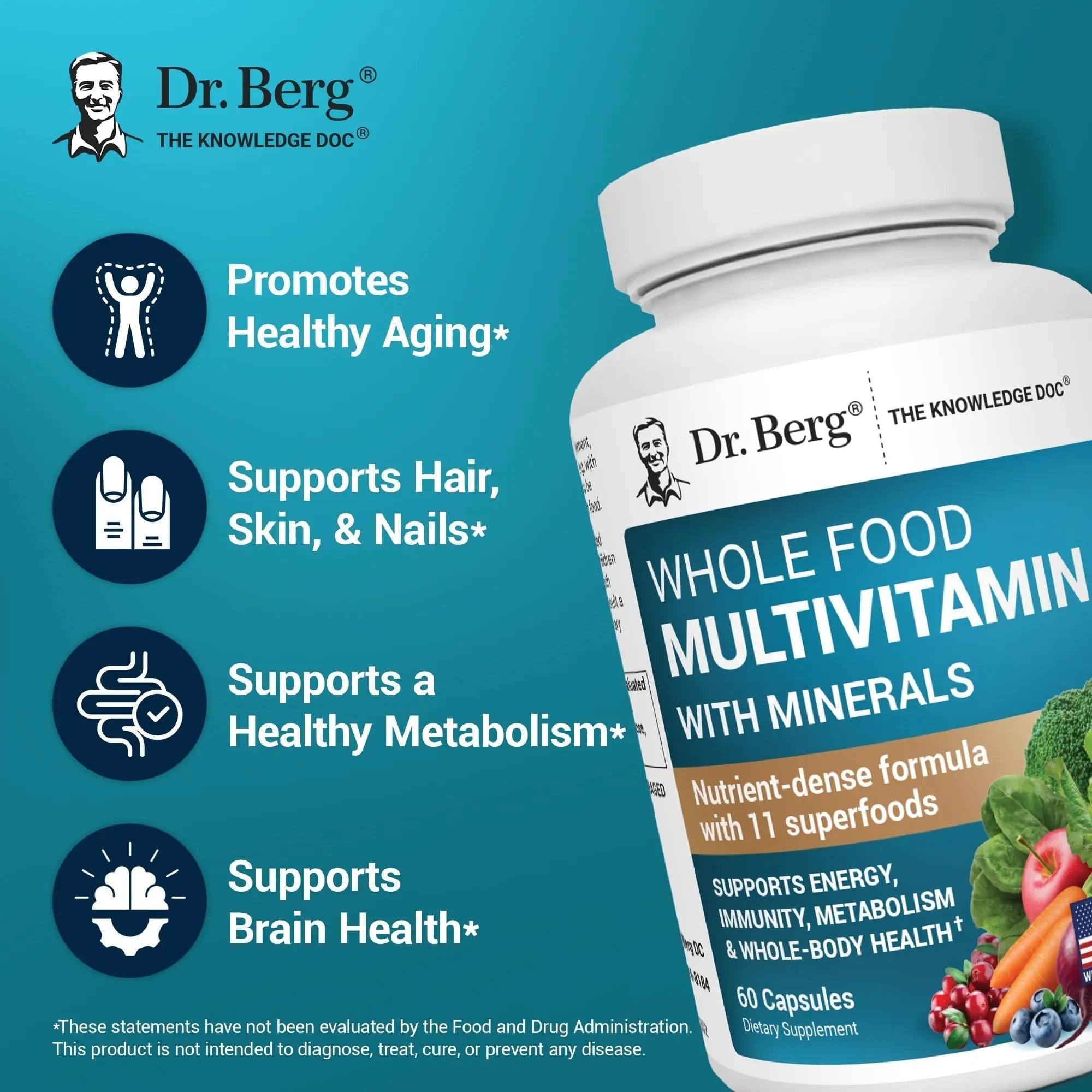 Dr. Berg Whole Food Multivitamin with Minerals - Daily Multivitamin for Men and Women - Includes Premium Whole Food Fruits and Vegetable Blend Dr. Berg Nutritionals Au supplements