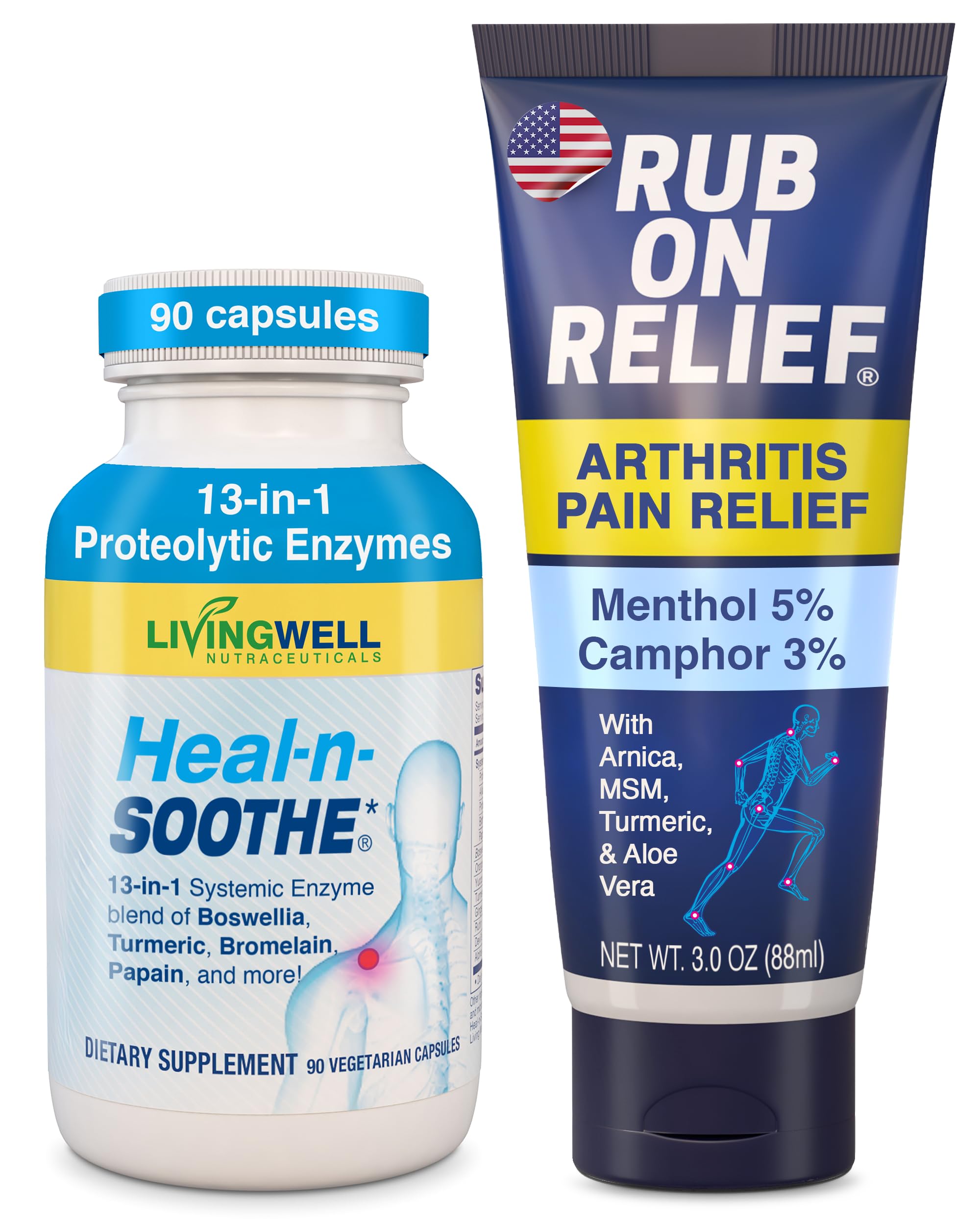 RUB ON RELIEF & HEAL-N-SOOTHE Bundle - Topical Pain Relief Cream for Joints, Knees, Shoulders and Back plus Proteolytic Enzymes for Joint Support for Men and Women - 2-Pack, 3oz Cream & 90 Capsules HEAL-N-SOOTHE Au supplements