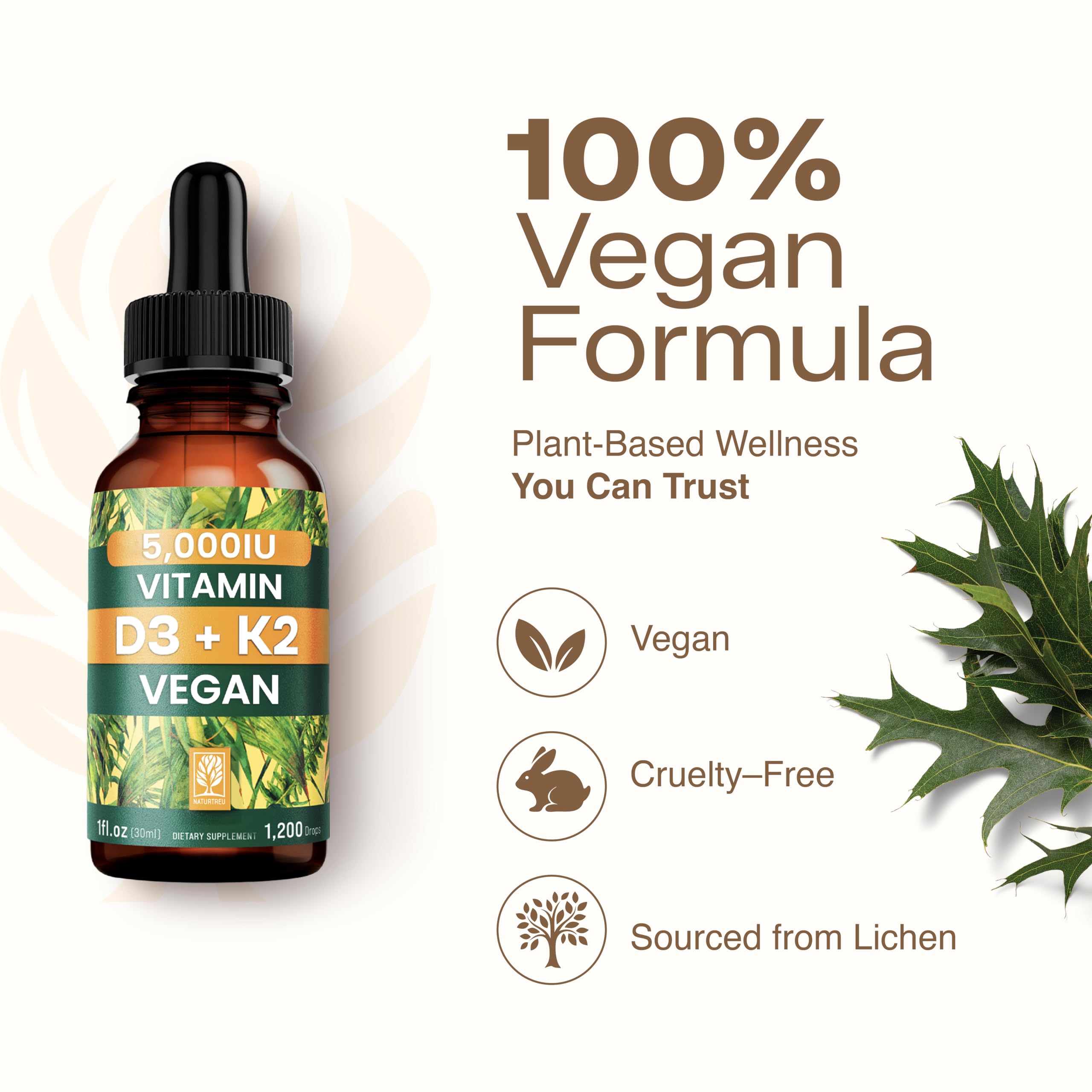 NATURTREU Vegan Vitamin D3 K2 Liquid Drops with MCT Oil for Adults (240 Servings) - Liquid Vitamin D K2 MK7 - All Natural, Non-GMO & Dr Formulated with 3X More Absorption - Third-Party Tested NATURTREU Au supplements