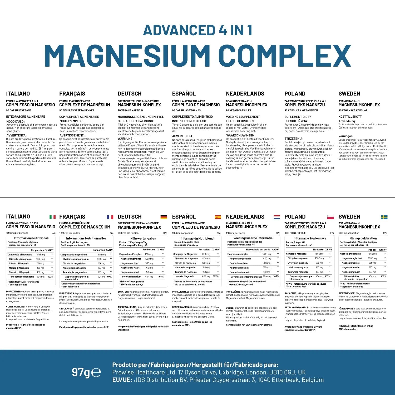 Magnesium Glycinate Complex 4 in 1-1866mg per Serving | Precise 404mg Elemental Magnesium dose | Added Magnesium Glycinate, Citrate, Malate & Taurate | 90 Vegan Capsules - by Prowise PH PROWISE Healthcare Au supplements