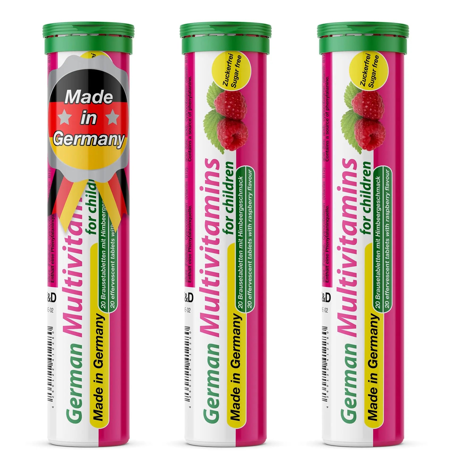 T&D German Multivitamin for Children 60 Drink Effervescent Tablets - Sweet Raspberry Flavour, Sugar Free, Vegan - Vitamin C, E, B1, B2, B6, B12 T&D Au supplements