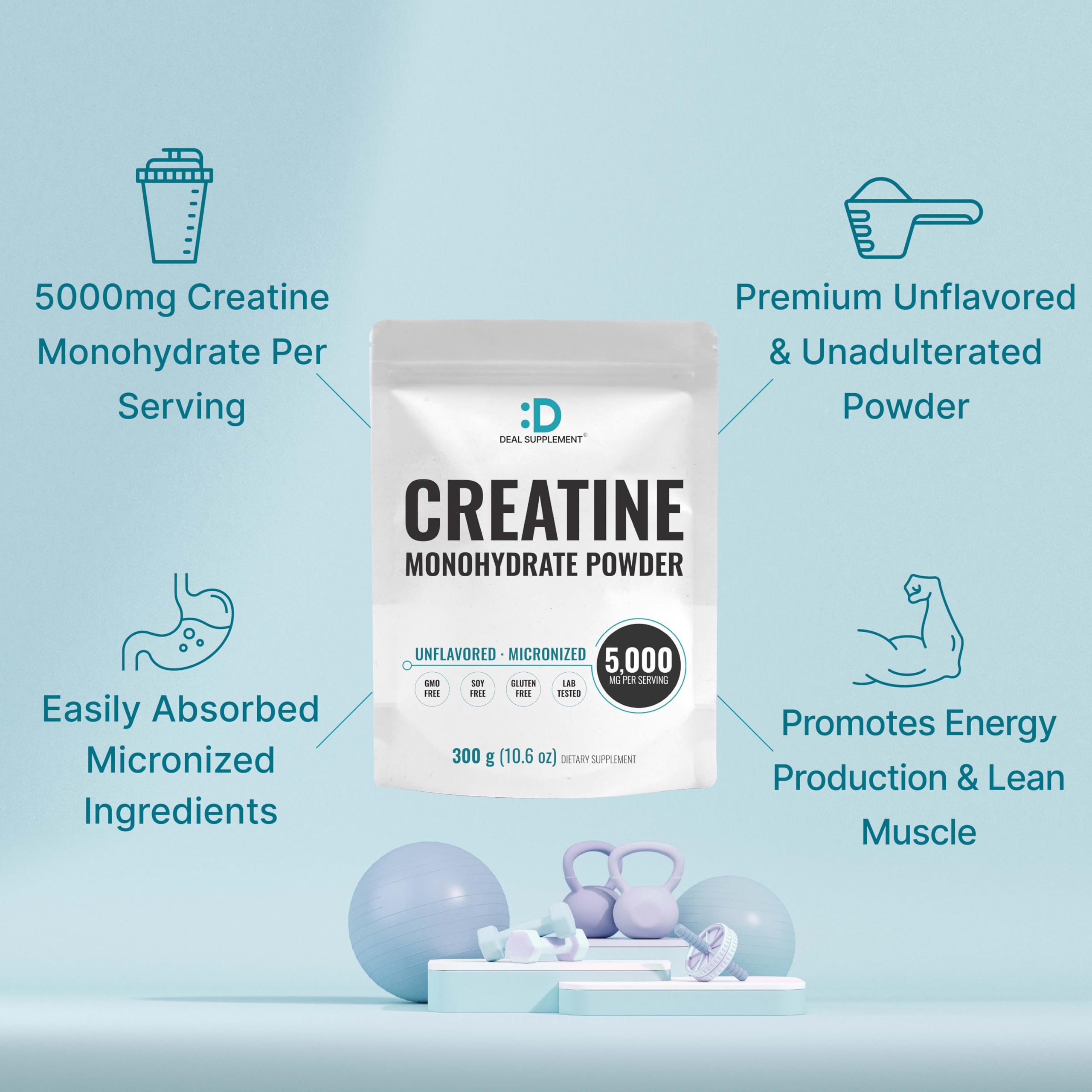 DEAL SUPPLEMENT Instant Creatine Monohydrate Powder, 5g Per Serving – 60 Servings | Micronized, Unflavored, Fast Absorbing Formula | Filler Free, Non-GMO, Keto Friendly, Vegan DEAL SUPPLEMENT Au supplements