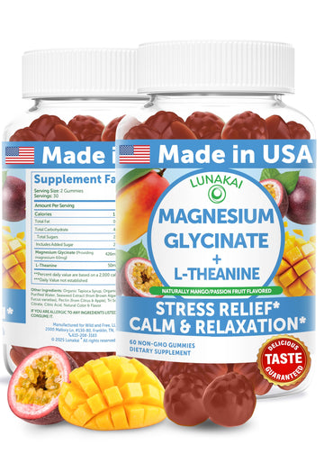 Lunakai USA Made Magnesium Glycinate Gummies with L-Theanine for Kids & Adults – 420mg Magnesium Supplement for Calm, Sleep & Stress Support, 60ct Lunakai Au supplements