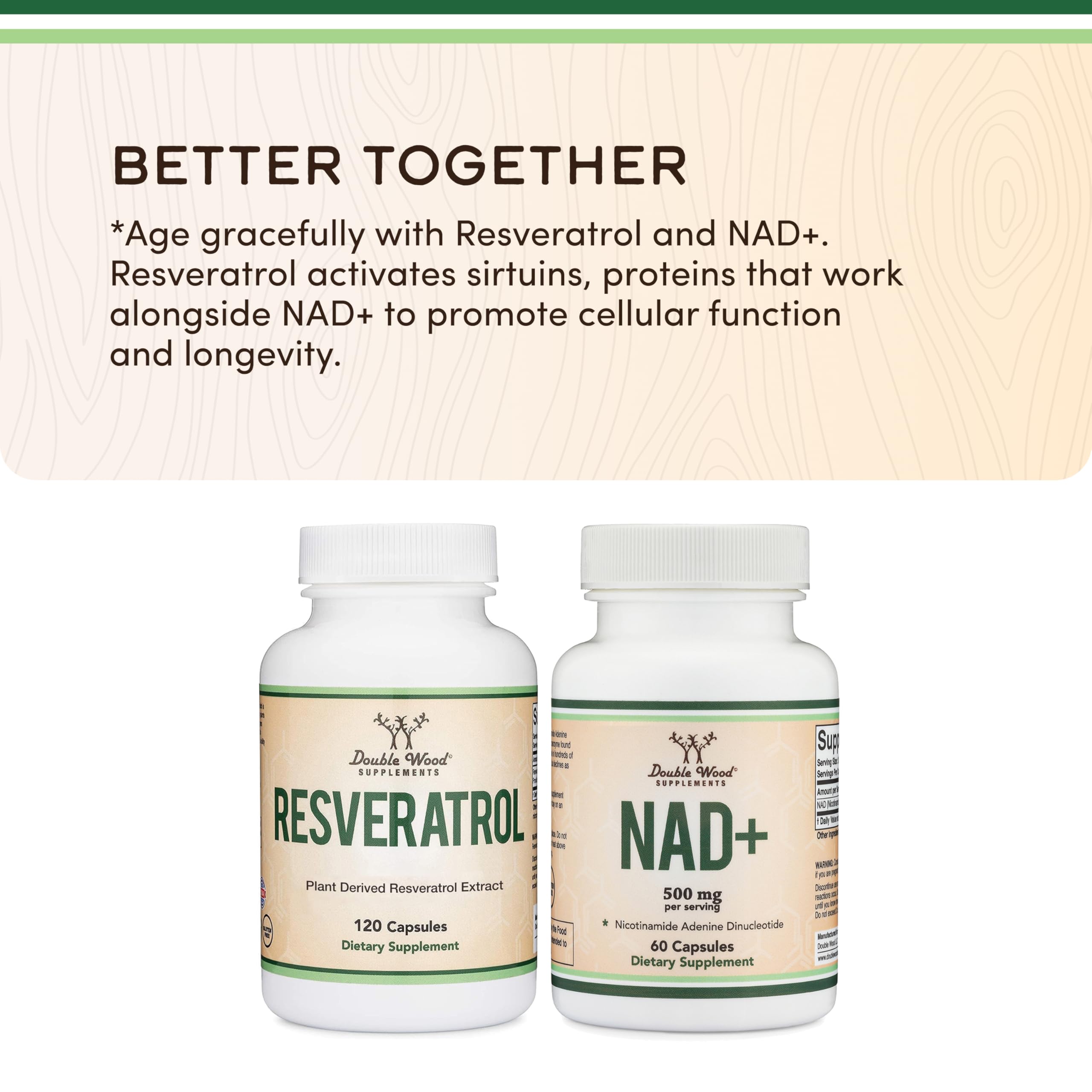Double Wood Supplements NAD+ Anti Aging & Cell Regeneration | 500mg of 95% Pure NAD Plus Per Serving, 30 Day Supply | Similar to Nicotinamide Riboside | Third Party Tested, Vegan Safe, Non-GMO Double Wood Supplements Au supplements