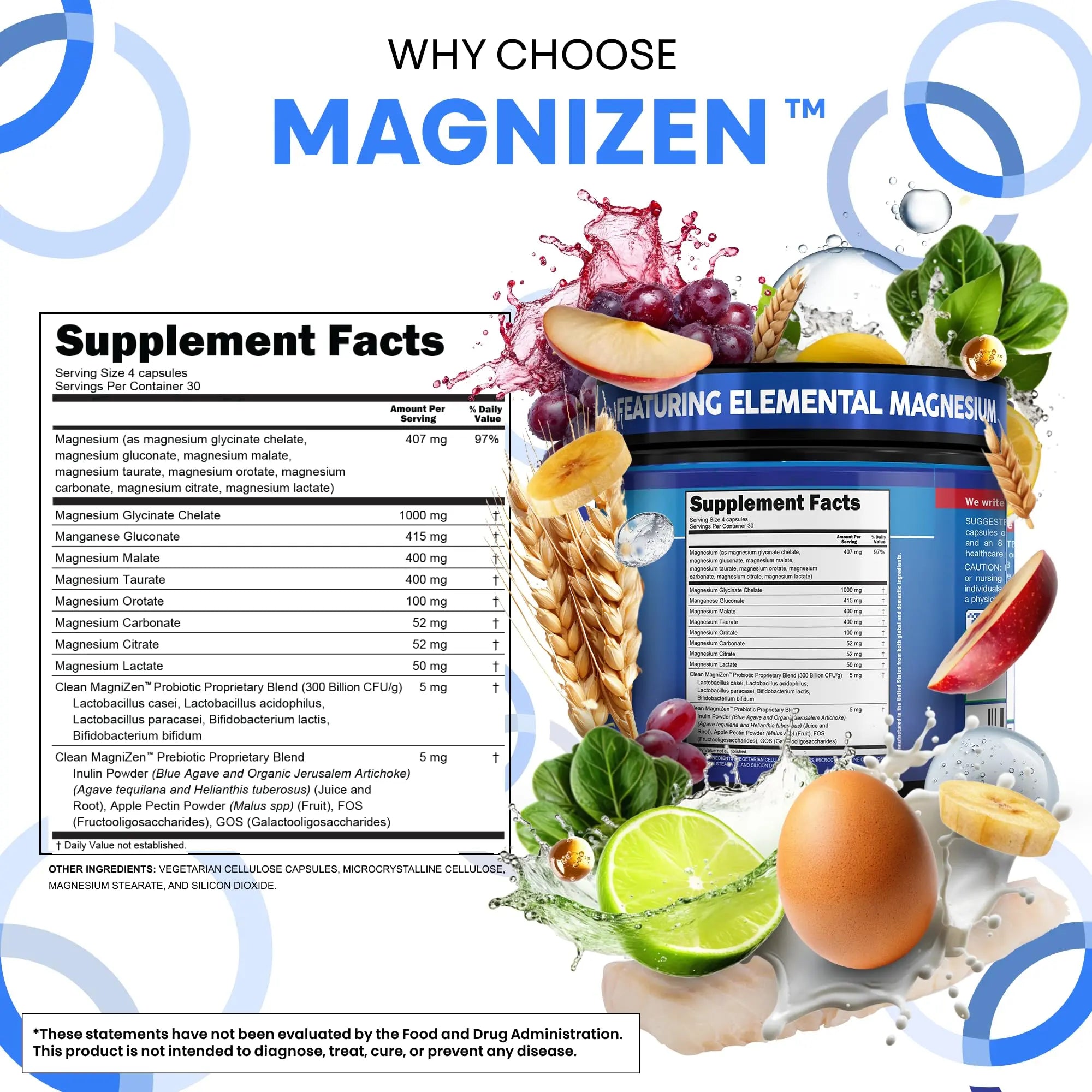 Clean Nutra Magnesium Glycinate Citrate Malate Orotate Taurate Supplement Complex + 10 Strain Probiotic Prebiotics FOS GOS Inulin Sleep Calm Support Apple Pectin – 120 Vegan Capsules Clean Nutraceuticals Au supplements