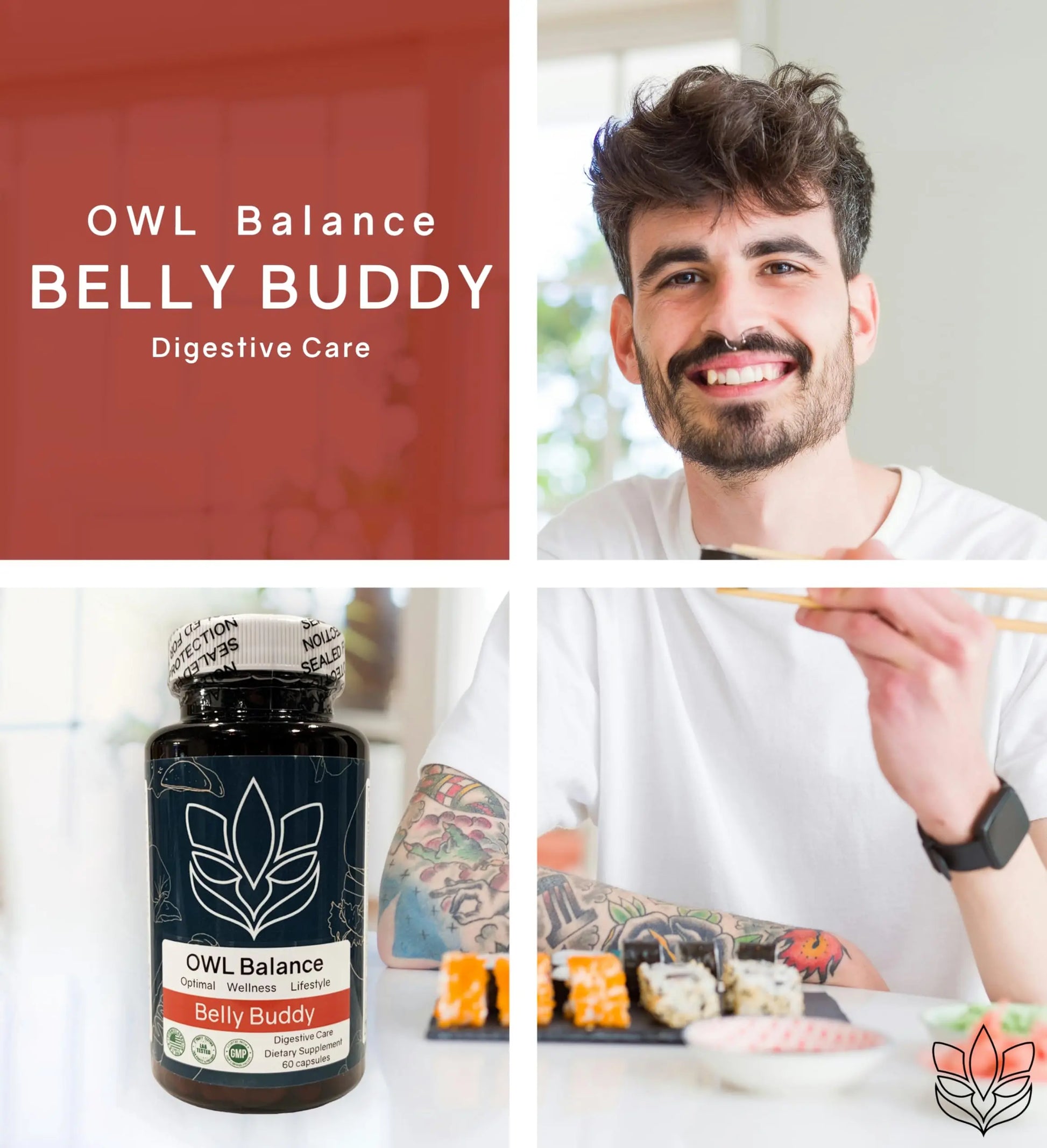 Belly Buddy Advanced Gut Health Support containing a helthy Blend of Probiotics, Prebiotics, and Digestive Enzymes OWL Balance Au supplements