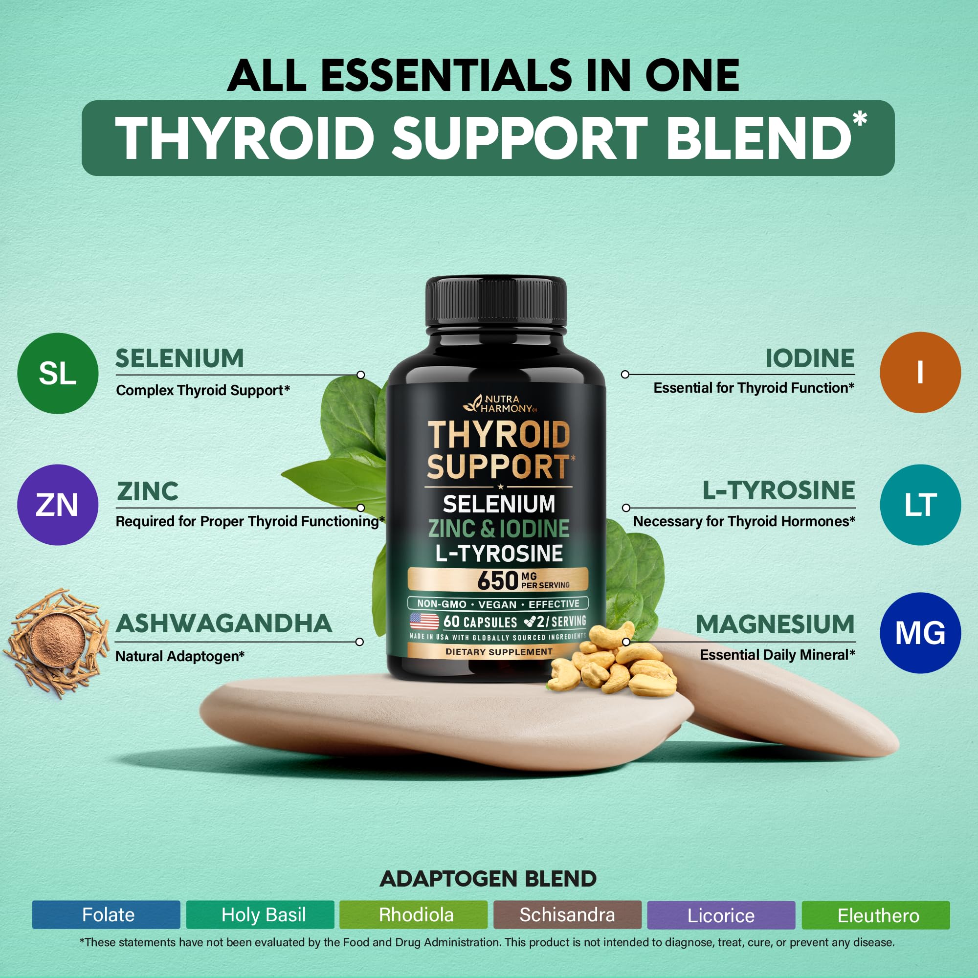Thyroid Support for Women - Selenium 200 mcg | Astragalus | Zinc & Iodine | L-Tyrosine | Adaptogen Herbs - 21-in-1 Antioxidant & Immune Support - Made in USA - Vegan, Non-GMO, Lab Tested - 60 Capsules NUTRAHARMONY Au supplements