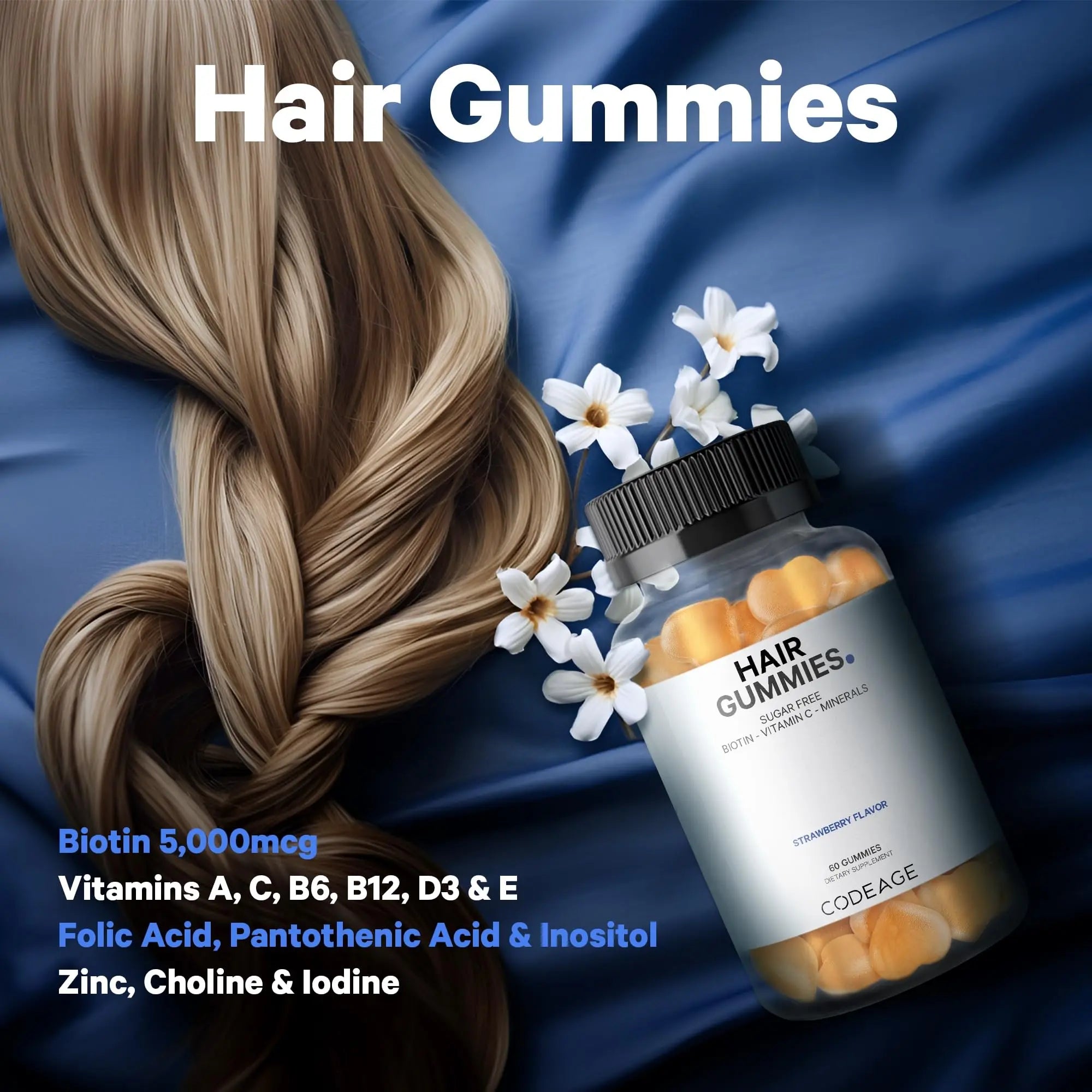 Codeage Hair Gummies, Biotin 5000 mcg, Sugar Free Growth Gummy Vitamins A, C, B6, B12, D3, Zinc, Inositol Supplement Codeage Au supplements