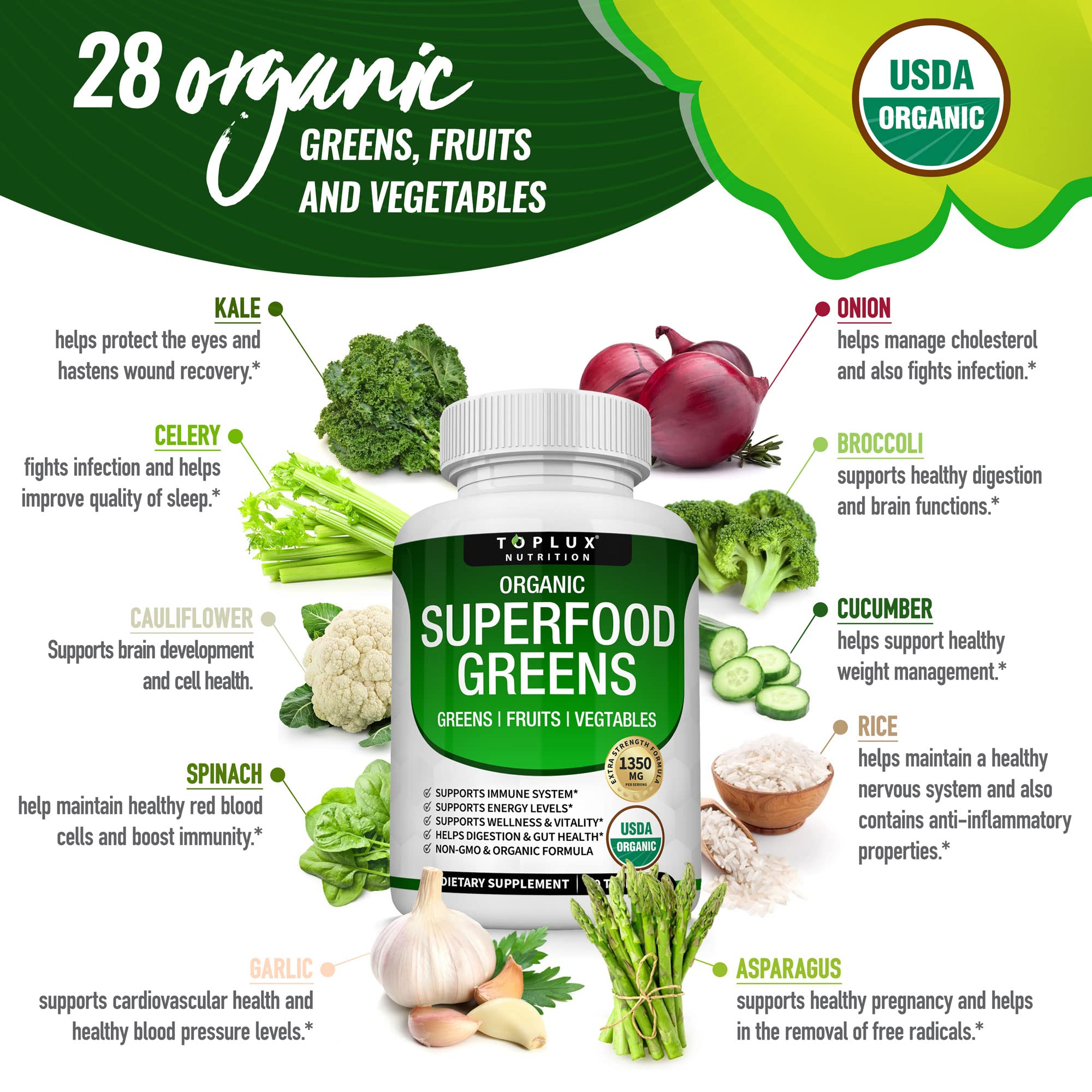 Organic Super Greens Capsules Superfood Fruit Veggie Supplement - 28 Powerful Natural Toplux Au supplements