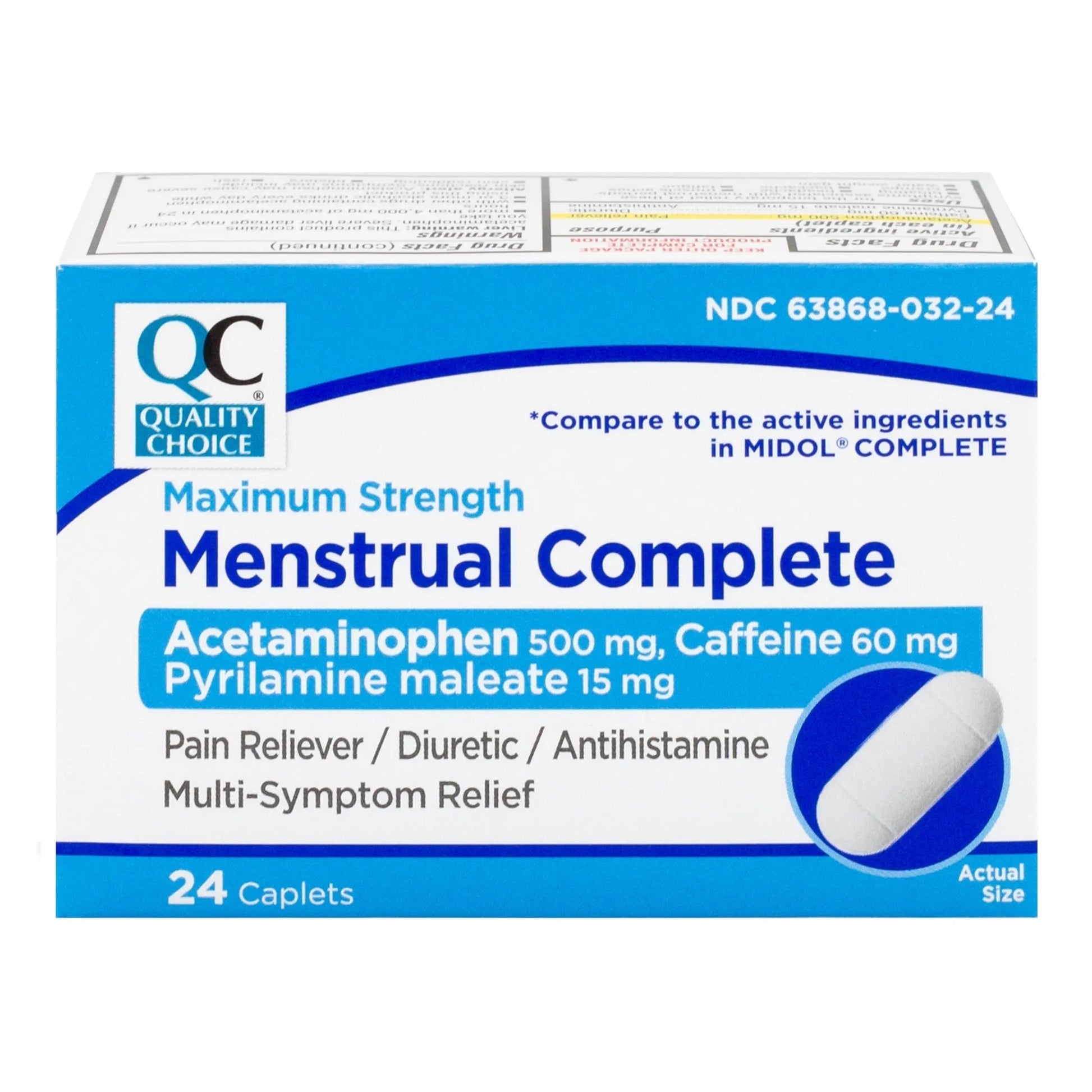 Quality Choice Menstrual Complete Max Strength Period Pain Relief, 500 mg of Acetaminophen, 60mg of Caffeine, 15mg of Pyrilamine Maleate, Cramps, Bloating, Headache. 24 Count. Quality Choice Au supplements