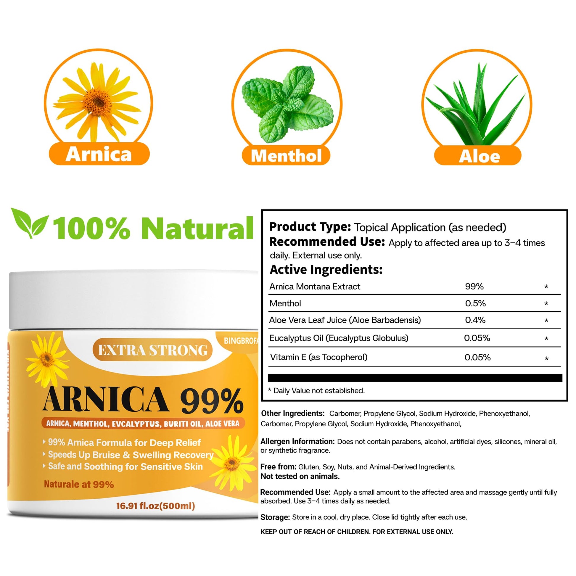 Bingbrofam Arnica Cream 99% Extra Strength Gel Pain Relief for Fast Healing Thin Skin, Seniors Bruises with Menthol, Swelling, Soothing Massage, 16.9 Oz Bingbrofam Au supplements