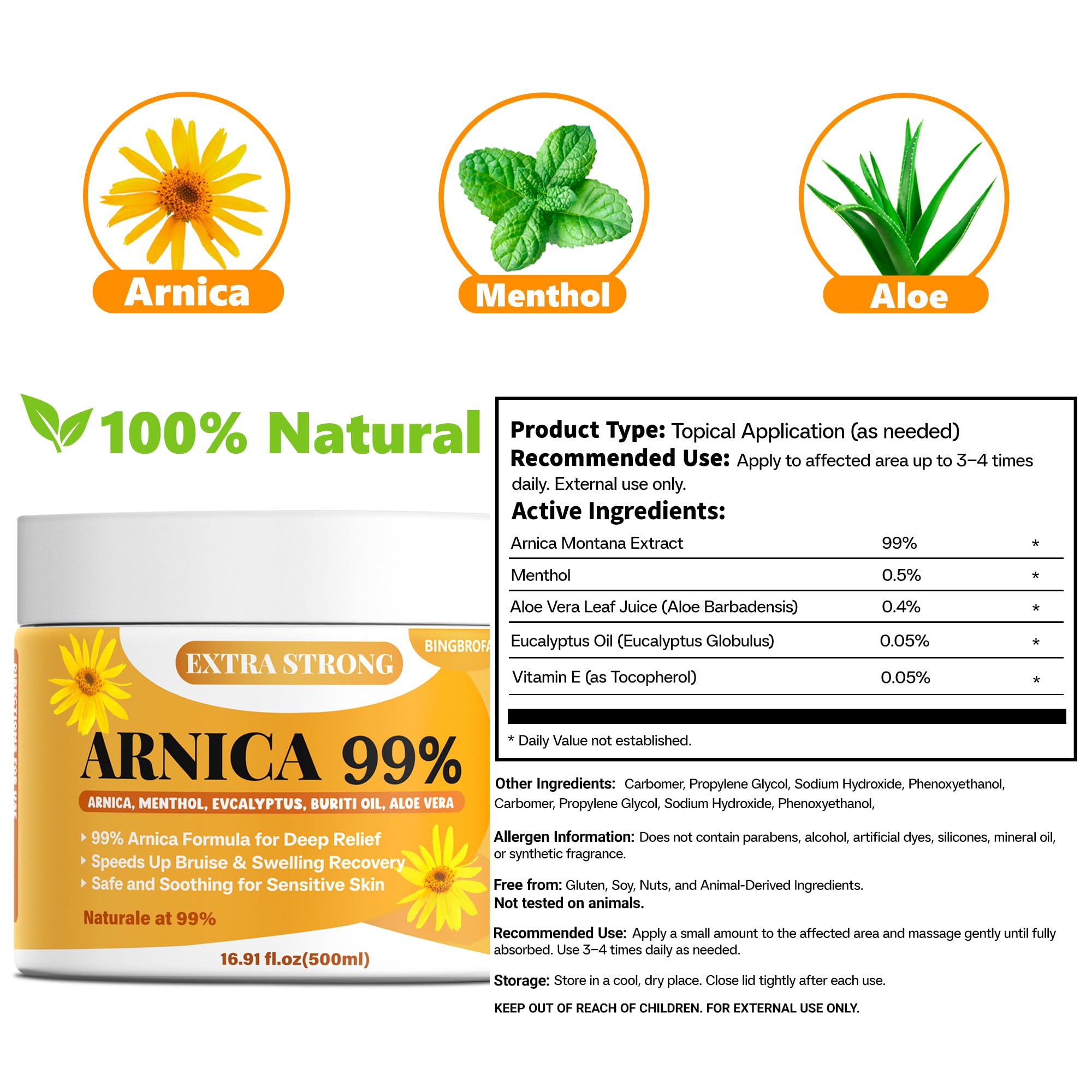 Bingbrofam Arnica Cream 99% Extra Strength Gel Pain Relief for Fast Healing Thin Skin, Seniors Bruises with Menthol, Swelling, Soothing Massage, 16.9 Oz Bingbrofam Au supplements