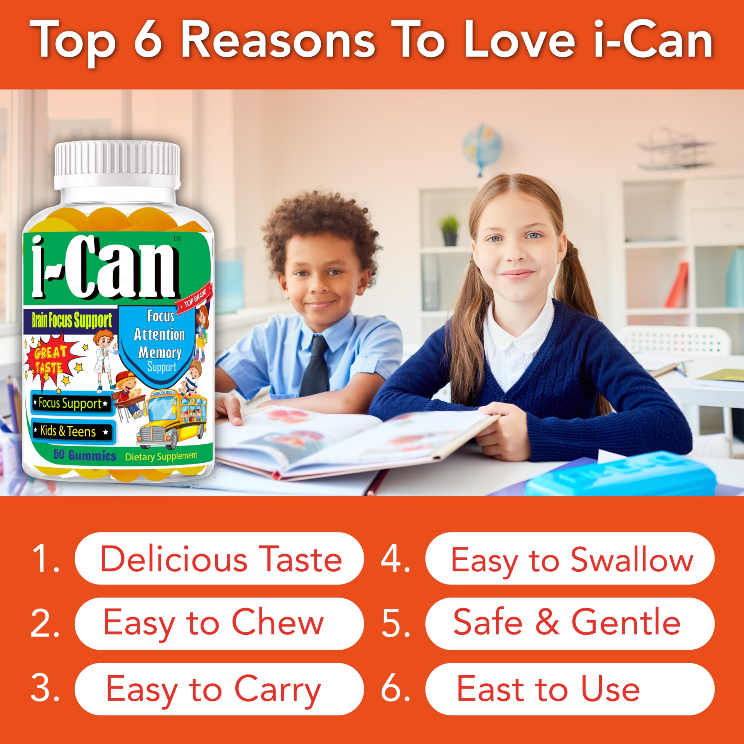 I-Can Focus Gummies for Kids & Teens, Omega 3 Gummies with DHA & EPA, Brain Health, Memory, Attention Support, Teen Brain Focus Vitamins, Non-Fishy Taste, Low Sugar, 60 Count Celebrity LifeStyle Product Au supplements