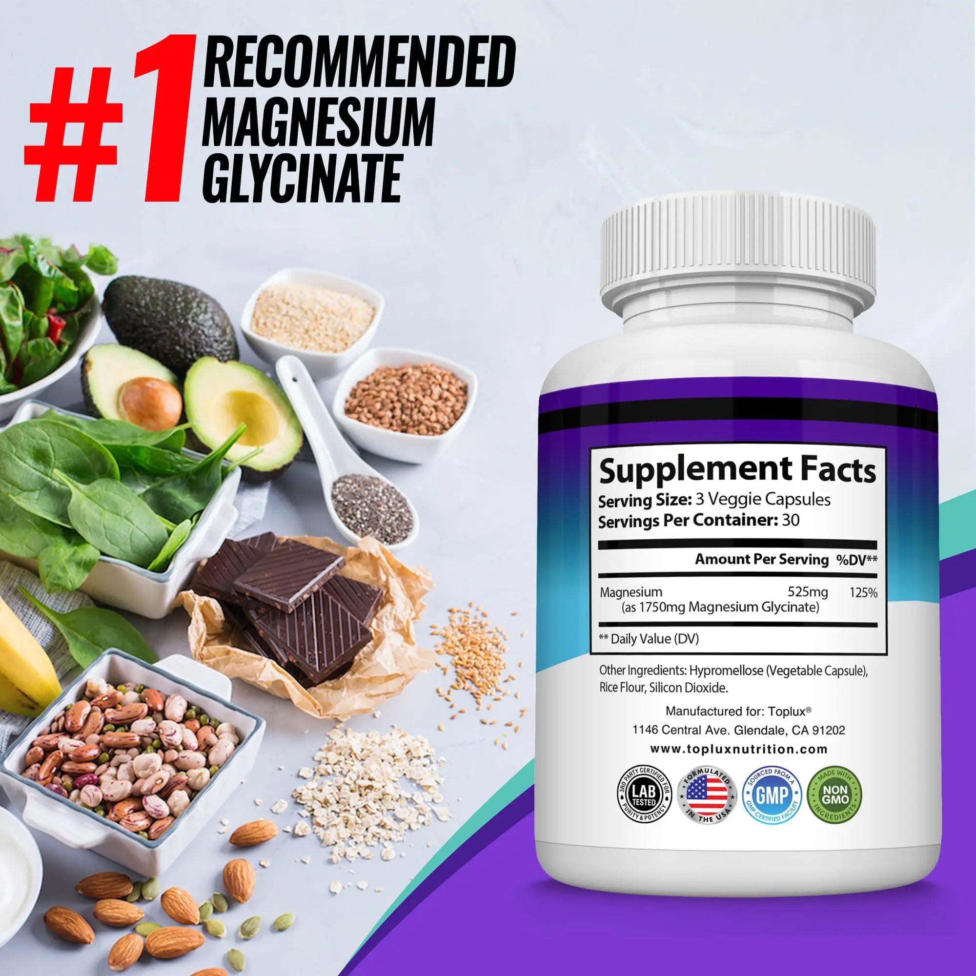 Magnesium Glycinate 525mg - High Absorption Chelated Magnesium Supplement Made with Pure Magnesium Glycinate - Supports Muscles, Sleep, Cramps, Recovery Bisglycinate Complex Vegan Non-GMO 90 Capsules Toplux Au supplements
