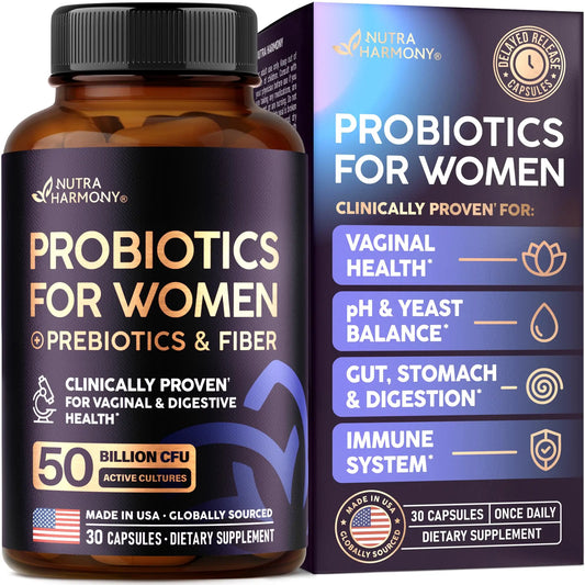 Probiotics for Women 50 Billion CFU - Vaginal Probiotics Clinically Proven for Yeast & pH Balance - Digestion & Bloating Relief - 8 Strains + Prebiotics - Delay Release - Made in USA, 30 Capsules NUTRAHARMONYAU supplements