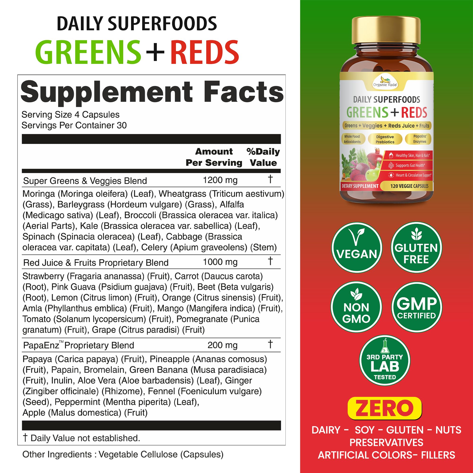 Organic Veda Super Greens & Reds Capsules - Organic Superfoods, Daily Greens, Red Juice, Fruits & Vegetables Supplement - Papaya Enzymes, Digestive Herbs, Bromelain, Antioxidants - 120 Veggie Capsules Organic Veda Au supplements