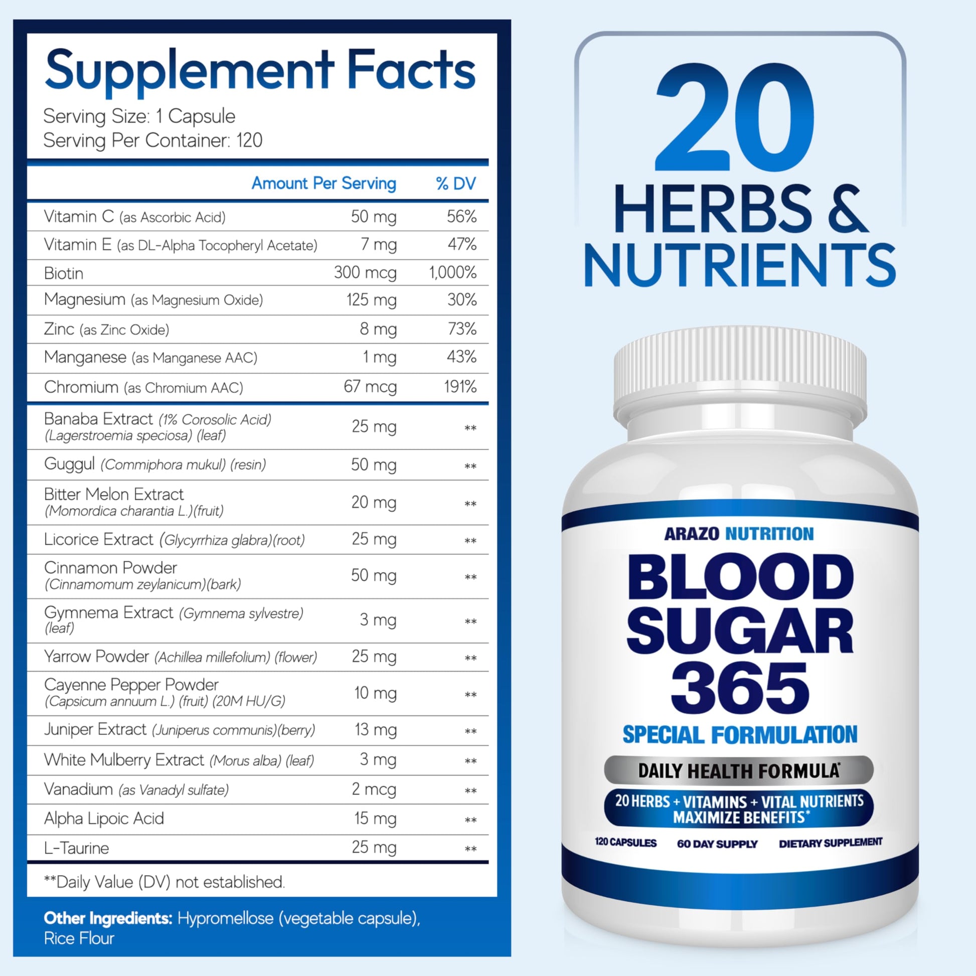 Arazo Nutrition Blood Sugar 365 Supplement – Supports Healthy Energy Levels - 120 Herbal Pills - 60 Day Supply Aus Healthcare Au supplements