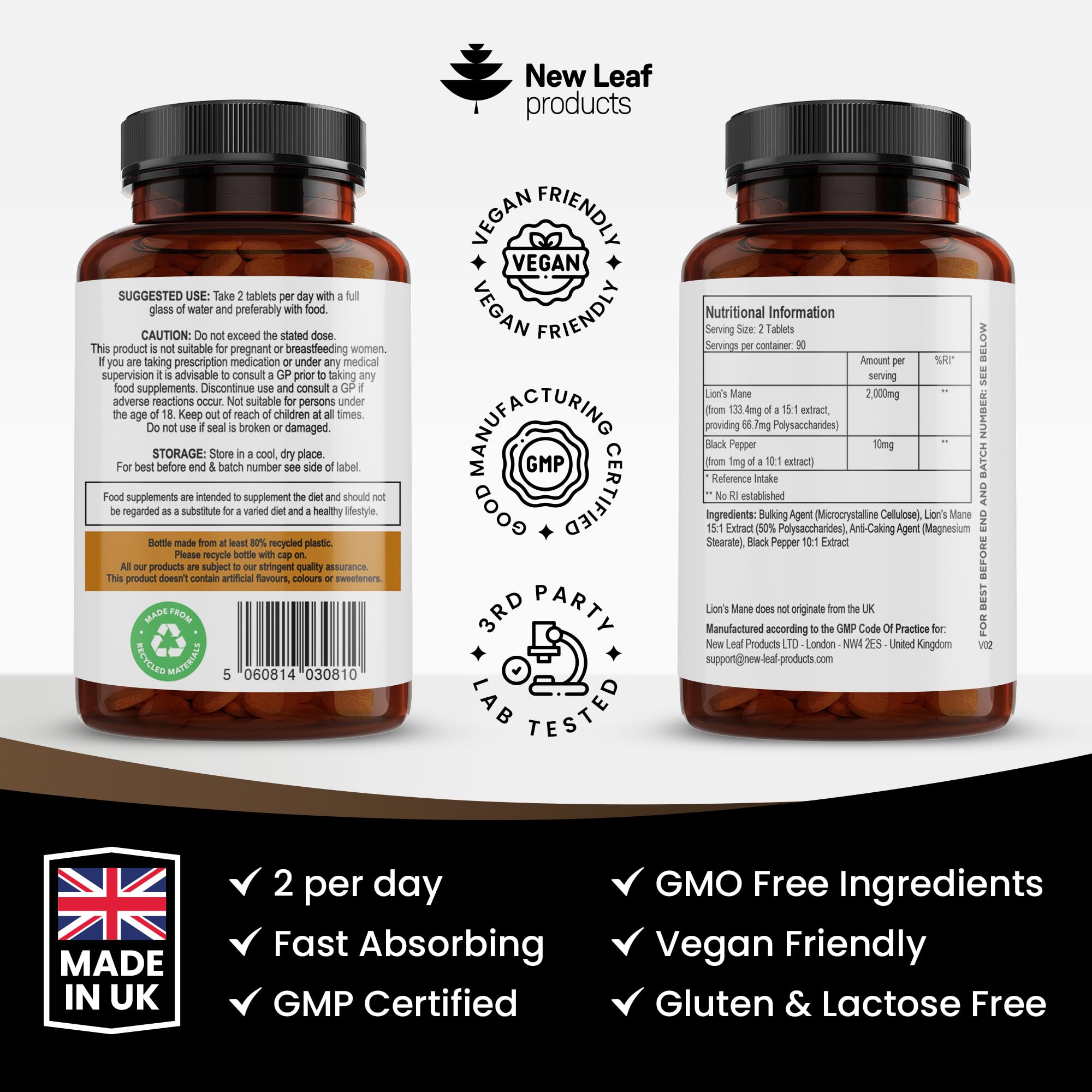 Lions Mane Mushroom Extract Supplement 2000mg - 180 High Strength Vegan Tablets NEW LEAF PRODUCTS Au supplements