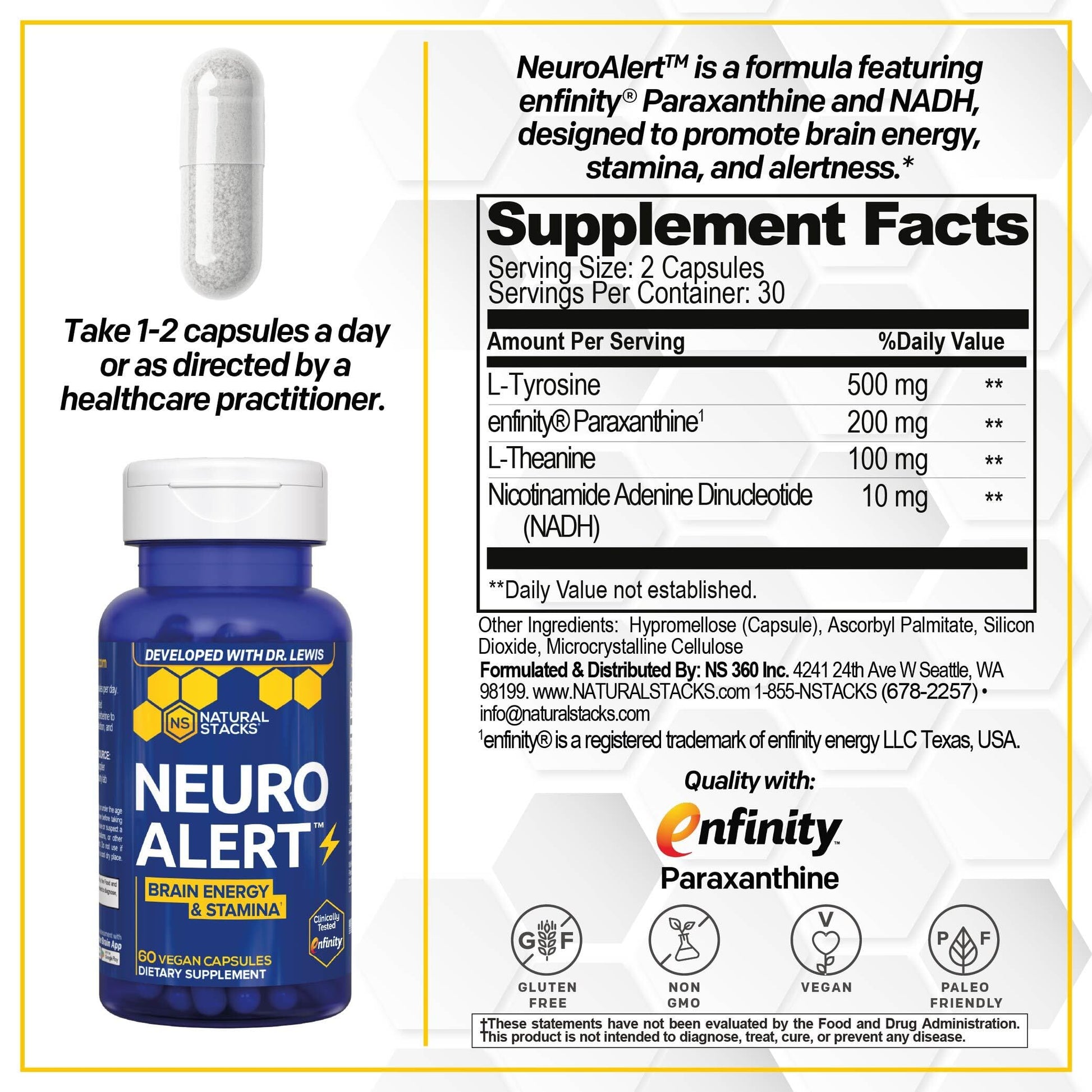 NATURAL STACKS NeuroAlert - 200mg Paraxanthine Energy Supplement - Caffeine Free Focus w/ 500mg L-Tyrosine & 100mg L-Theanine - 10mg NADH for Cellular Energy Support - 60 Paraxanthine Capsules NATURAL STACKS Au supplements