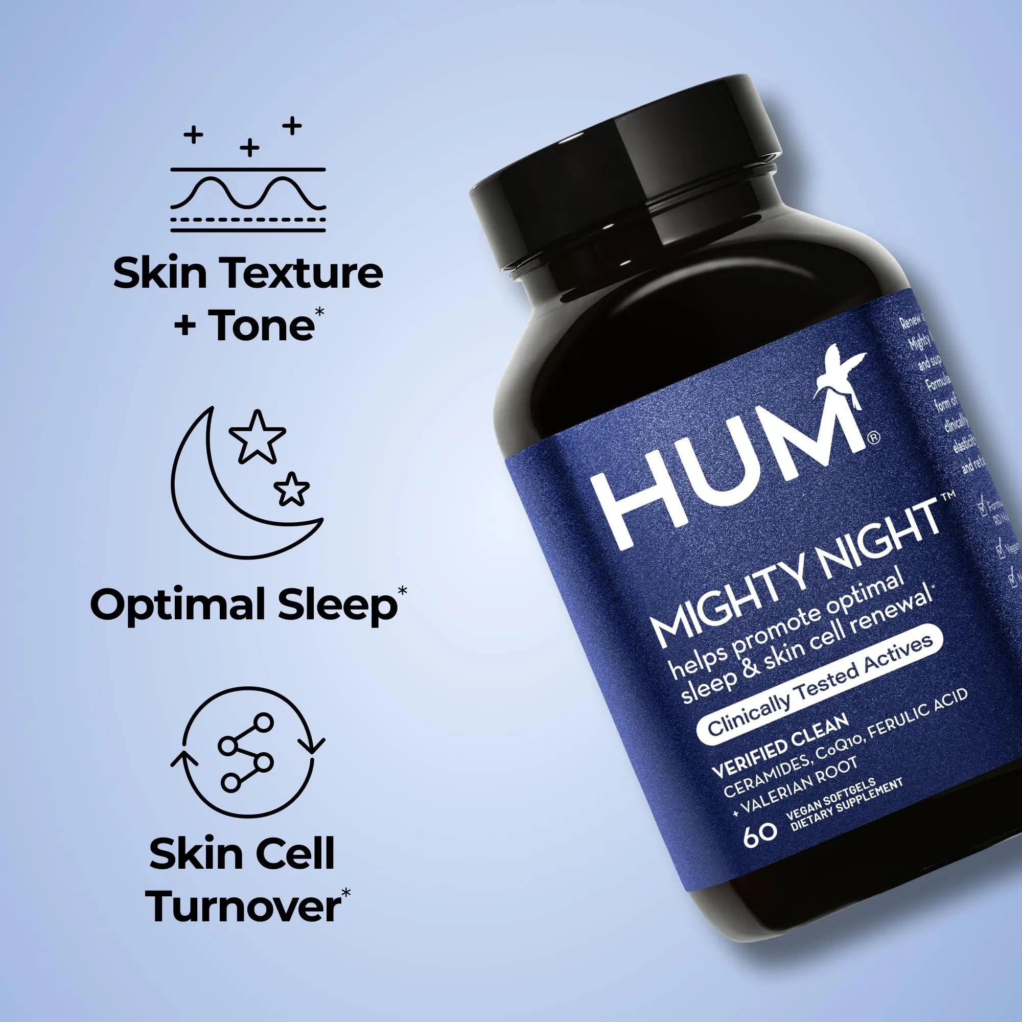 HUM Mighty Night Nighttime Sleep Supplement for Skin Care, CoQ10, Valerian Root & Ferulic Acid to Support Cell Turnover, Skin Vitamins for Women and Men, Overnight Beauty Vitamins, 60 Vegan Softgels HUM Au supplements