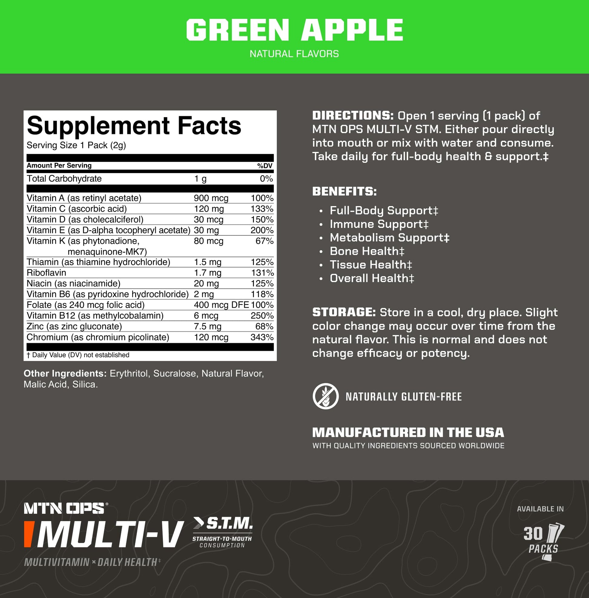 MTN OPS Multi‑V STM On‑the‑Go Daily Multivitamin for Men, Women & Kids – Straight‑to‑Mouth Vitamin C D3 B Zinc Packs – Gluten Free, Natural Flavors, 30 Servings MTN OPS Au supplements